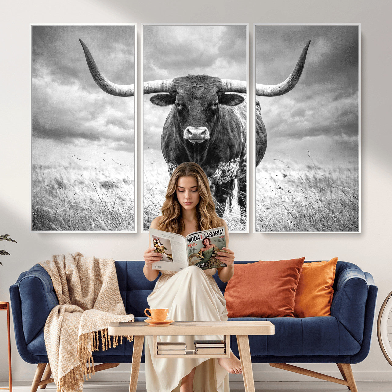 63336115-MGV-CV-36X24 - Texas Longhorn Canvas Wall Art Western Bull Desert Moody Grey Overcast Rustic Farmhouse Framed Large for Living Room Bedroom Office Decor