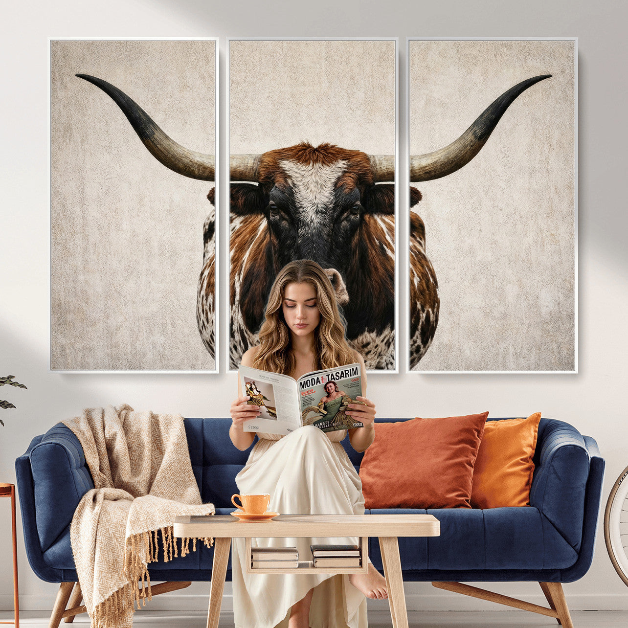 58622065-MGV-CV-36X24 - Texas Longhorn Canvas Wall Art Western Bull Desert Moody Grey Overcast Rustic Farmhouse Framed Large for Living Room Bedroom Office Decor