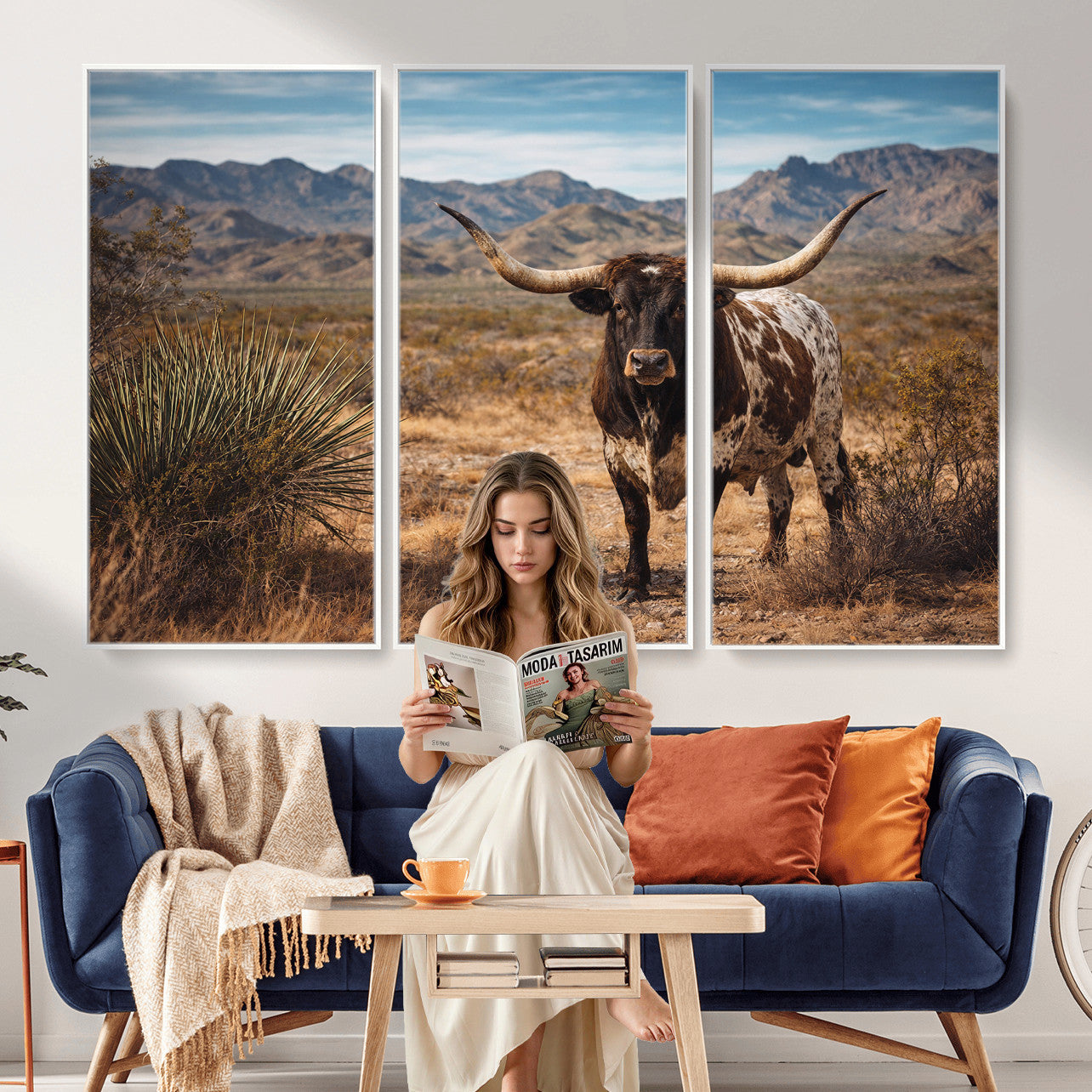 26448918-MGV-CV-36X24 - Texas Longhorn Canvas Wall Art Western Bull Desert Moody Grey Overcast Rustic Farmhouse Framed Large for Living Room Bedroom Office Decor