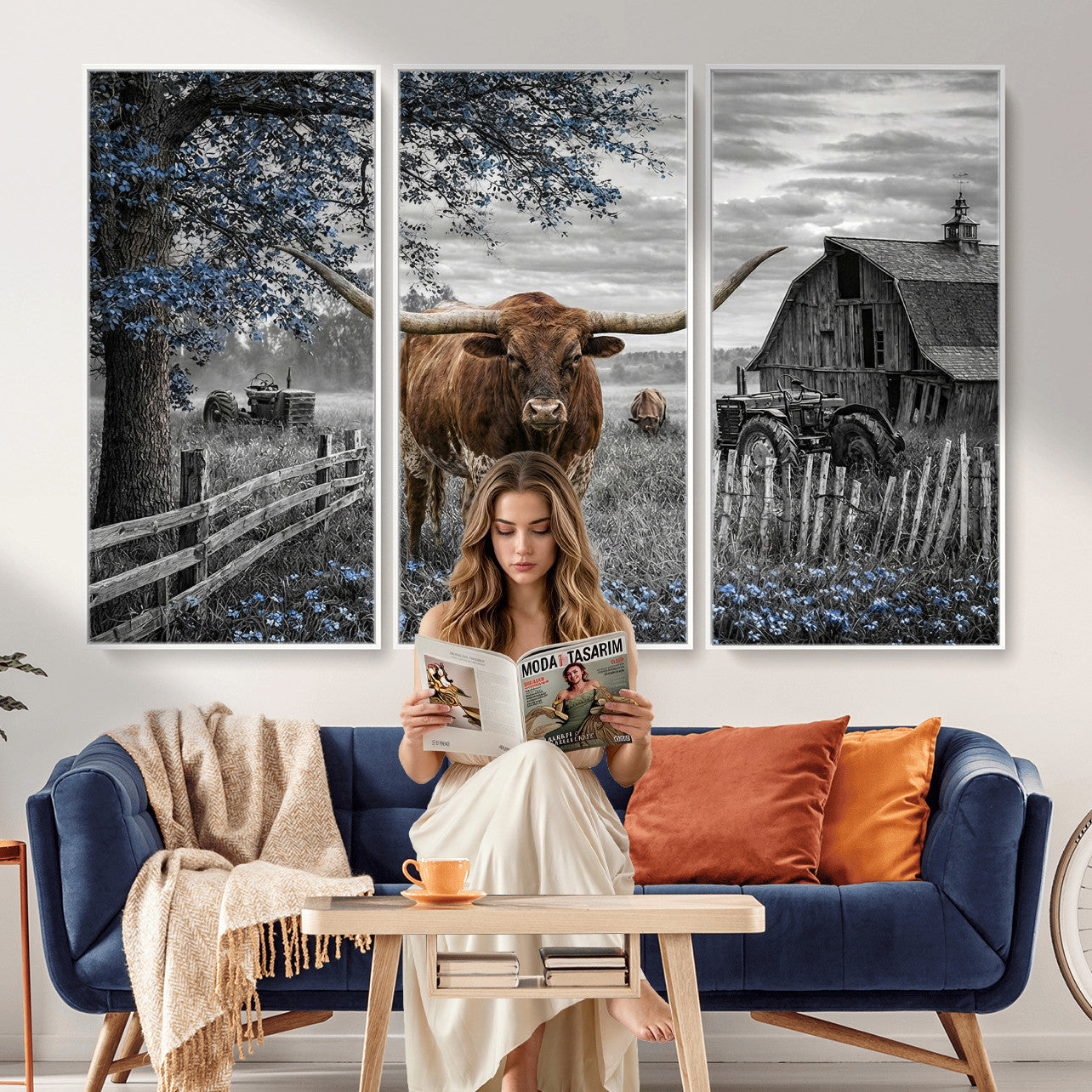 19366343-MGV-CV-36X24 - Texas Longhorn Canvas Wall Art, Rustic Farm Barn Bluebonnet Photography Print, Farmhouse Country Decor, Western Ranch Art, Old Truck Tractor Print