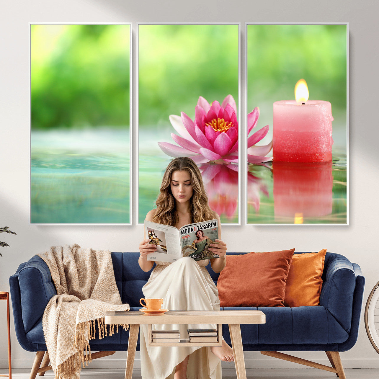 17661715-MGV-CV-36X24 - Zen Lotus Candle Canvas Wall Art Pink Spa Meditation Relaxation Green Bokeh Framed Large for Bathroom Bedroom Living Room Office Decor