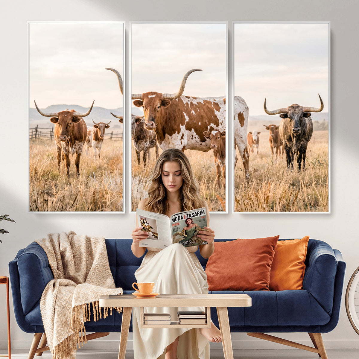 62336425AC-MGV-CV-36X24 - Texas Longhorn Canvas Wall Art, Rustic Farm Animal Photography Print, Farmhouse Country Decor, Western Ranch Art