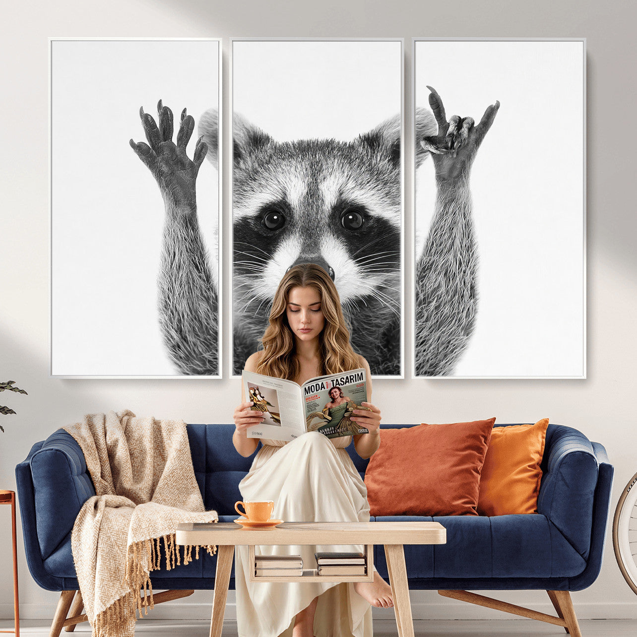 82392228-MGV-CV-36X24 - Funny Raccoon Canvas Wall Art, Black White Hands Up Animal Photo Print, Humorous Wildlife Decor, Kids Room Nursery Art, Quirky Animal Gift