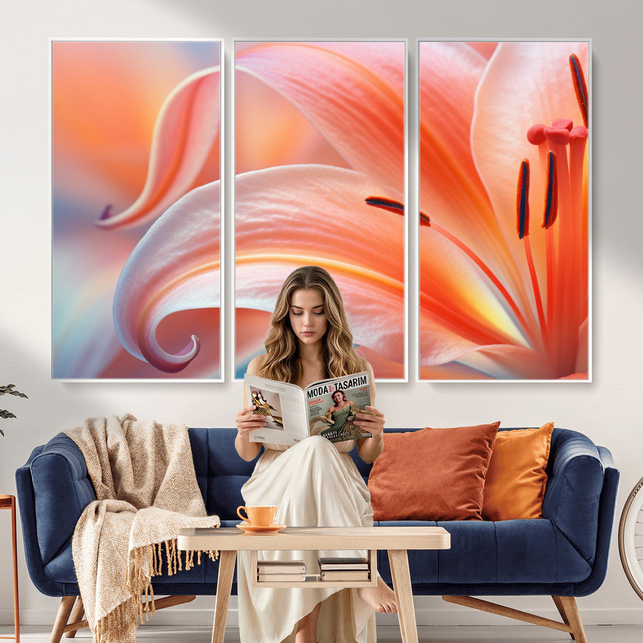 69566231-MGV-CV-36X24 - Peach Lily Canvas Wall Art, Coral Pink Flower Macro Photo Print, Botanical Bedroom Decor, Soft Floral Photography, Living Room Wall Art