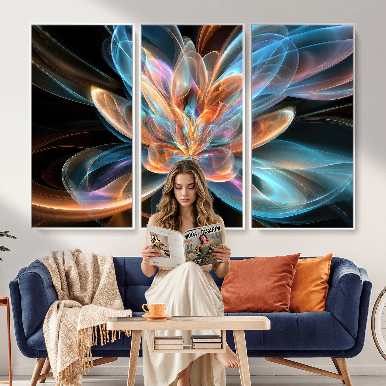 91902283-MGV-CV-36X24 - Fractal Lotus Canvas Wall Art, Blue Orange Glowing Flower Abstract Print, Modern Zen Meditation Room Decor, Ethereal Digital Art, Living Room