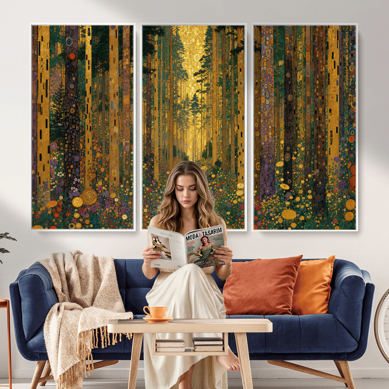 79483321G-MGV-CV-48X32-3P - Gustav Klimt Style Forest Canvas Wall Art, Golden Forest Path Floral Art Nouveau Print, Enchanted Woodland Decor