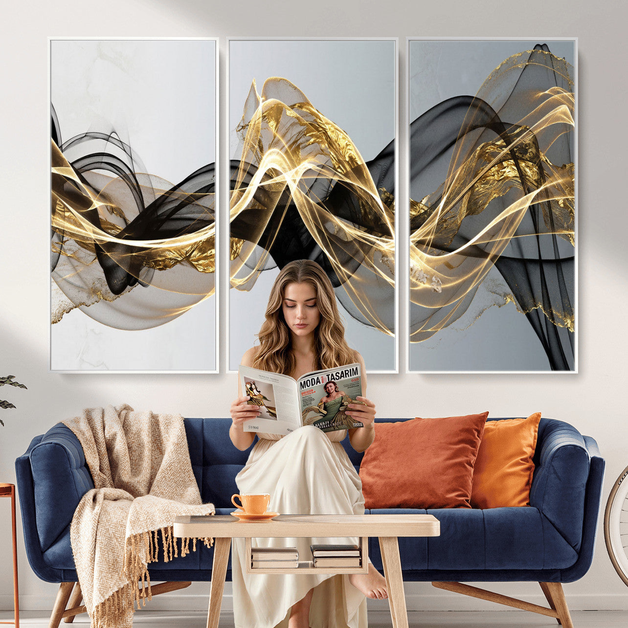 79483321DL-MGV-CV-36X24 - Black and Gold Abstract Wall Art, Modern Wave Canvas Print, Elegant Flowing Smoke Art, Luxury Living Room Decor