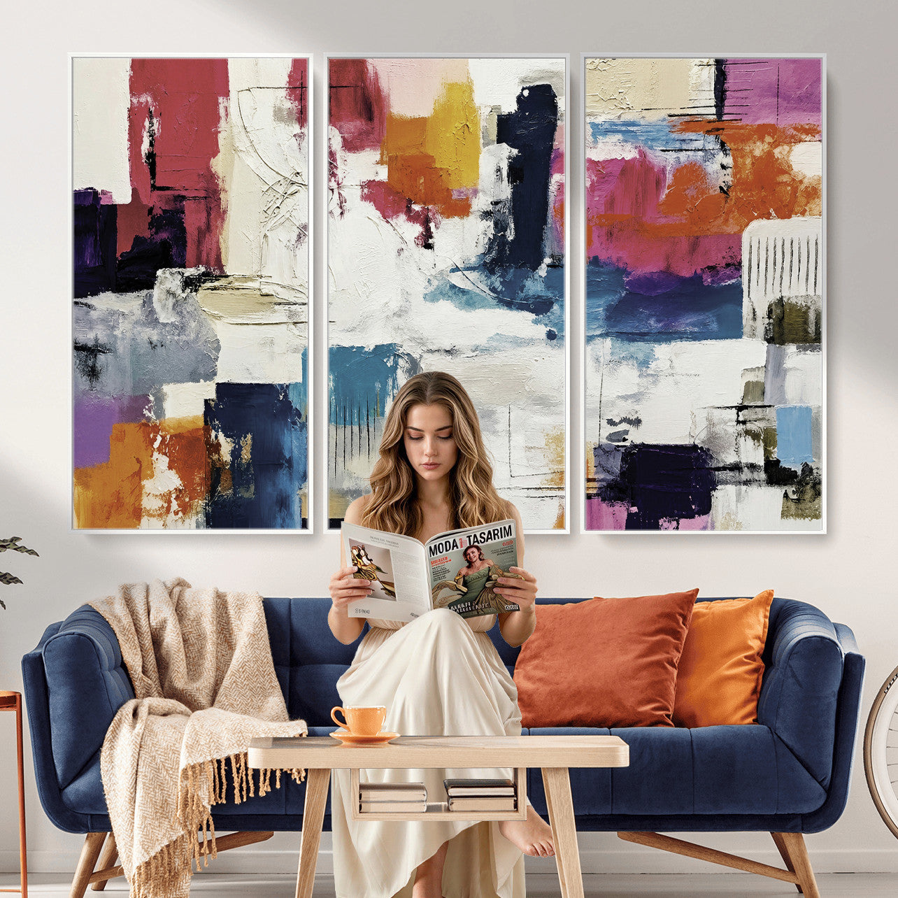 57864023-MGV-CV-36X24 - Blue Teal Abstract Canvas Wall Art, Modern Textured Painting Print, Navy Orange White Contemporary Art, Neutral Living Room Decor, Office Art