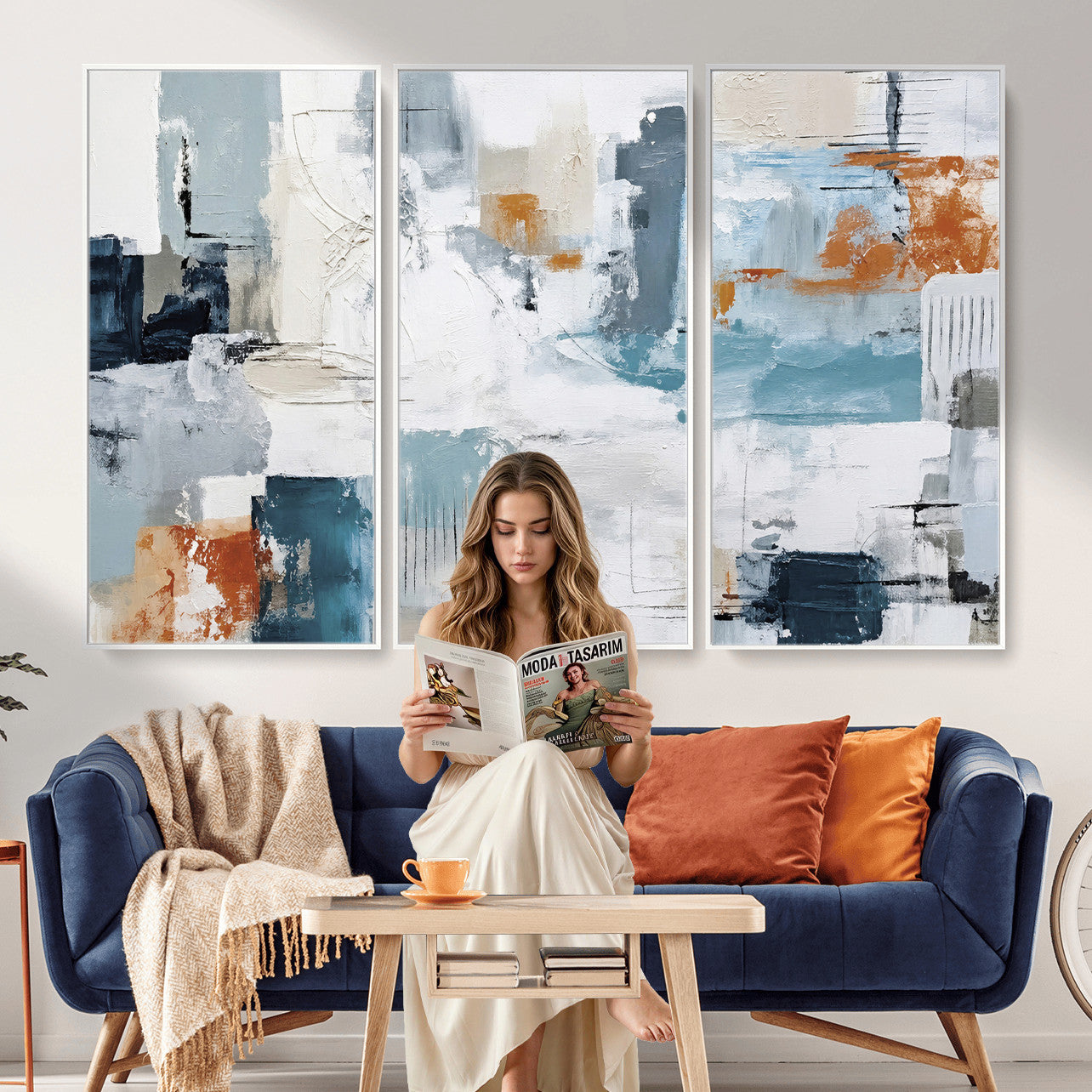 98638479-MGV-CV-36X24 - Blue Teal Abstract Canvas Wall Art, Modern Textured Painting Print, Navy Orange White Contemporary Art, Neutral Living Room Decor, Office Art