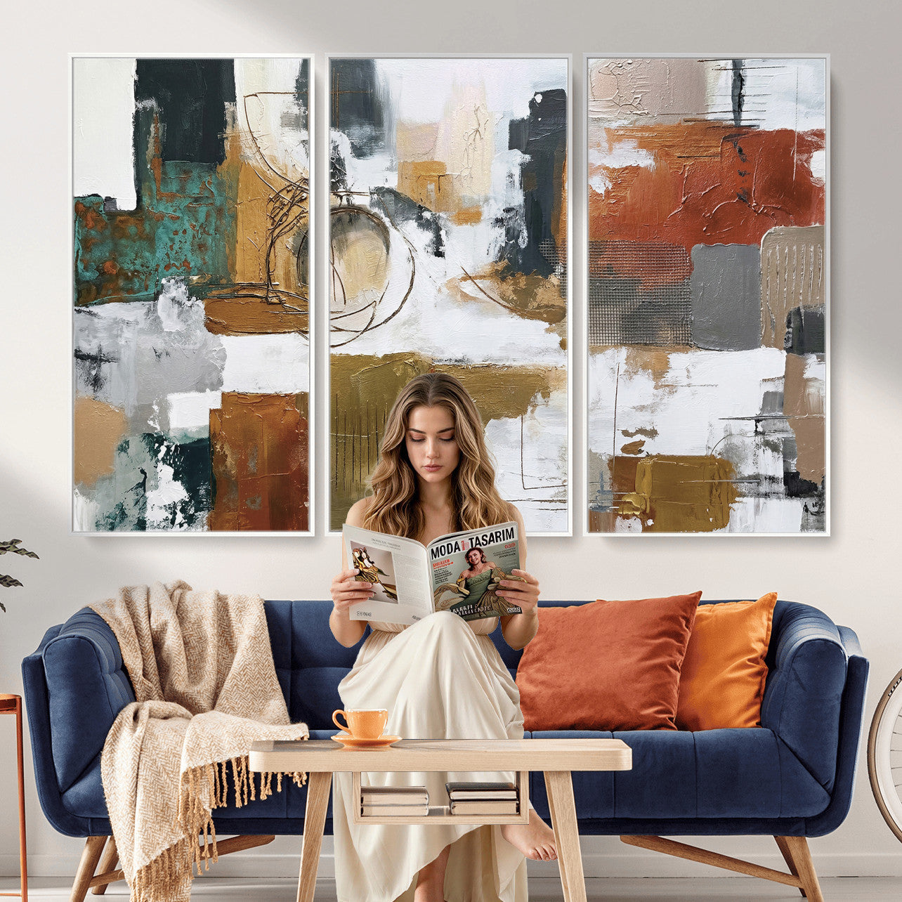 50720312-MGV-CV-36X24 - Blue Teal Abstract Canvas Wall Art, Modern Textured Painting Print, Navy Orange White Contemporary Art, Neutral Living Room Decor, Office Art