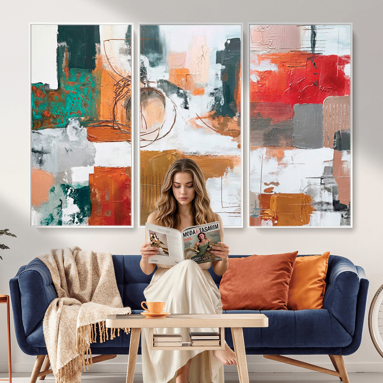 50720312-MGV-CV-36X24 - Blue Teal Abstract Canvas Wall Art | Modern Textured Painting Print, Navy Orange White Contemporary Art, Neutral Living Room Decor, Office Art.