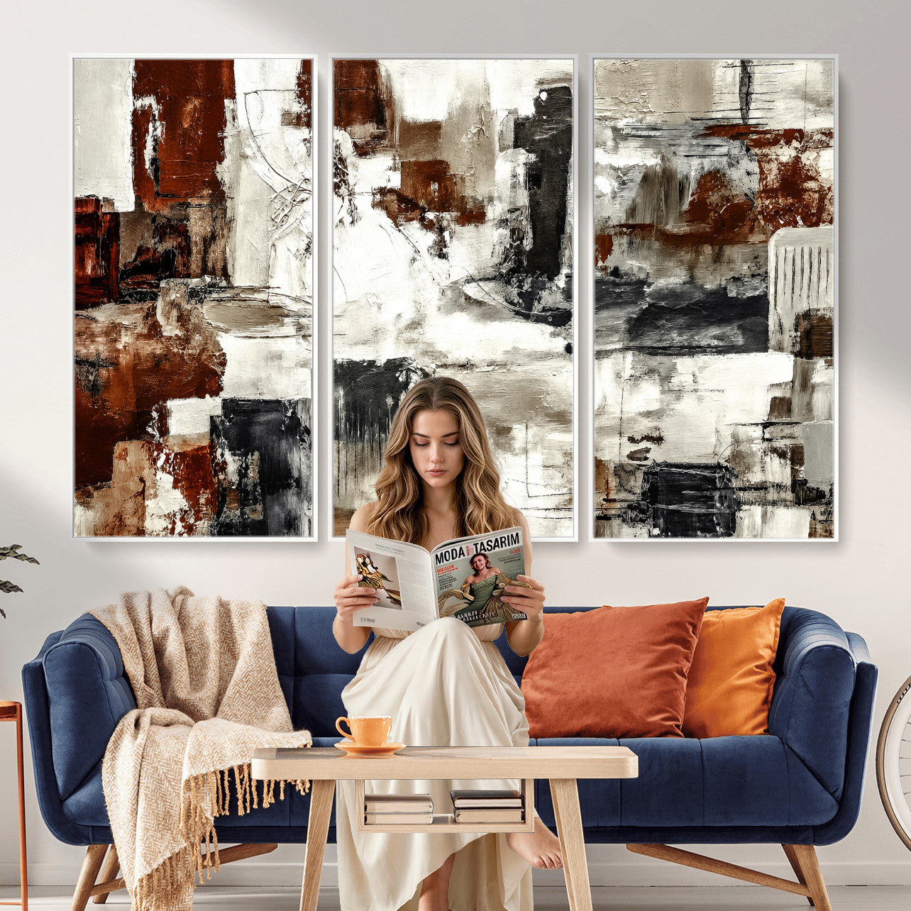 53022468-MGV-CV-36X24 - Blue Teal Abstract Canvas Wall Art, Modern Textured Painting Print, Navy Orange White Contemporary Art, Neutral Living Room Decor, Office Art