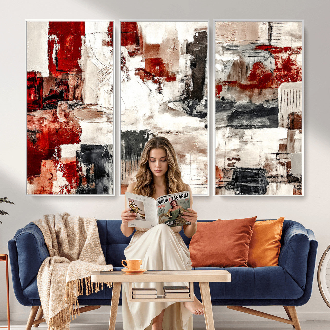 53022468-MGV-CV-36X24 - Blue Teal Abstract Canvas Wall Art, Modern Textured Painting Print, Navy Orange White Contemporary Art, Neutral Living Room Decor, Office Art