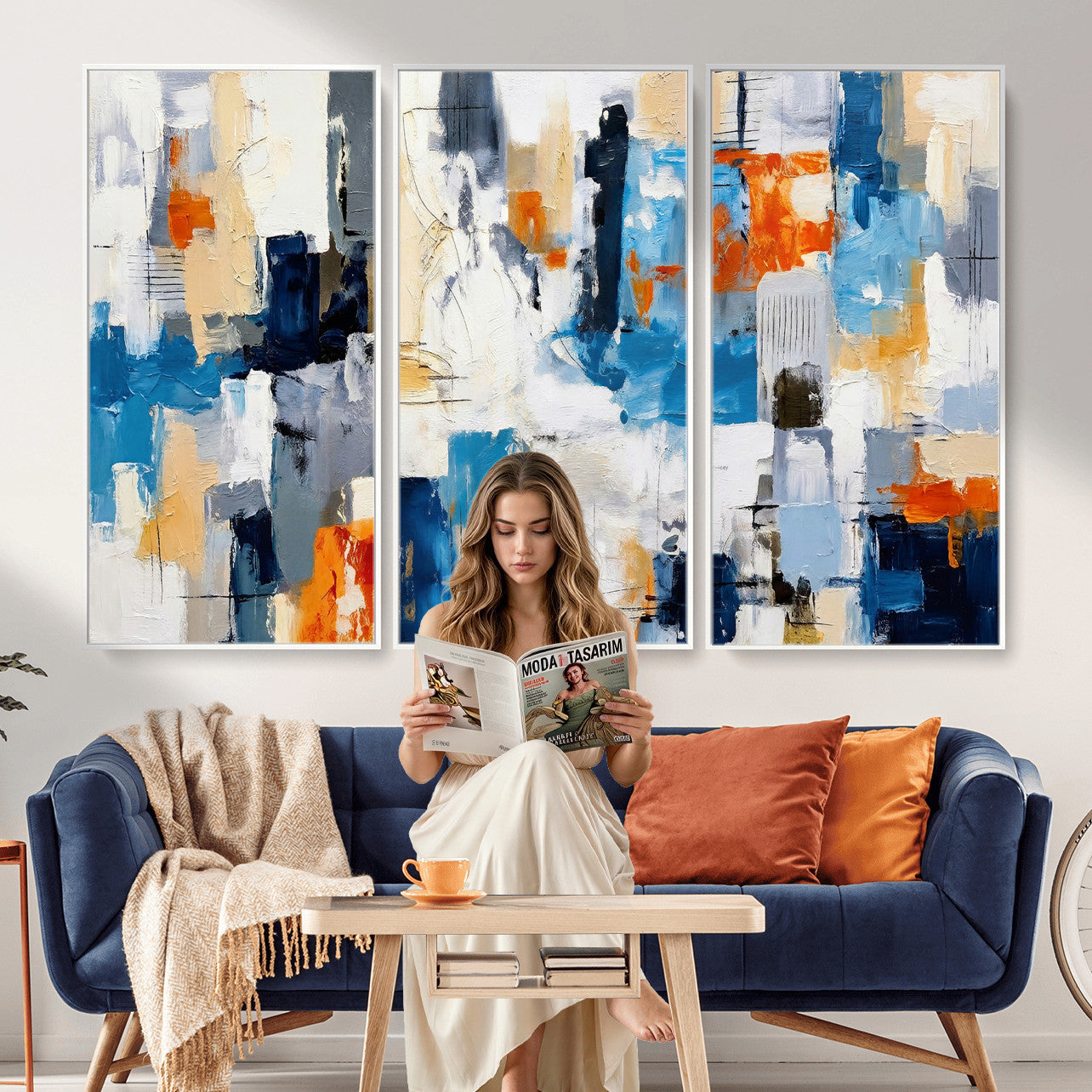 83915061-MGV-CV-36X24 - Blue Teal Abstract Canvas Wall Art, Modern Textured Painting Print, Navy Orange White Contemporary Art, Neutral Living Room Decor, Office Art