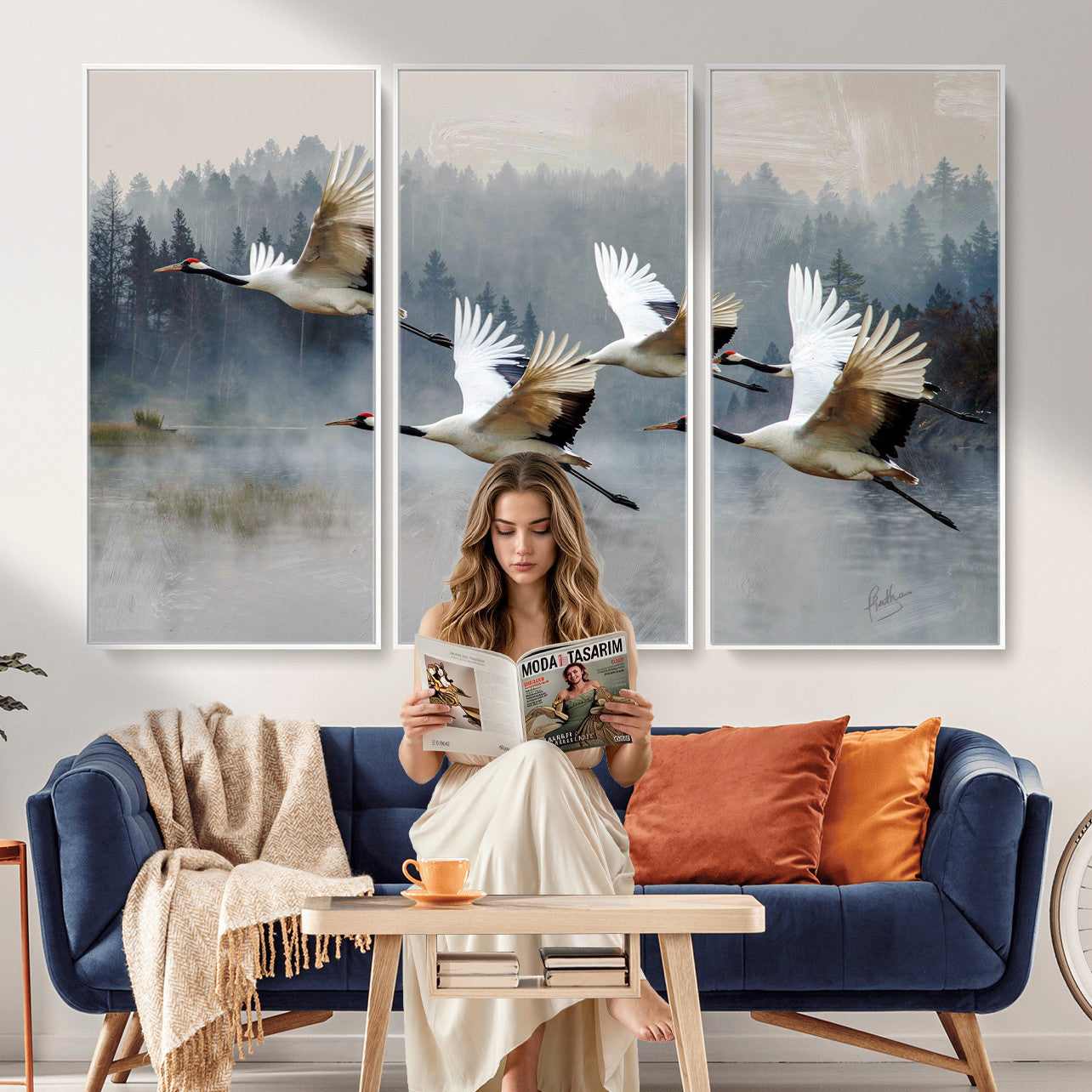 24356826-MGV-CV-36X24 - Flying Crane Canvas Wall Art Print, White Crane Bird Artwork, Wildlife Nature Decor, Lake Landscape Canvas, Ready to Hang