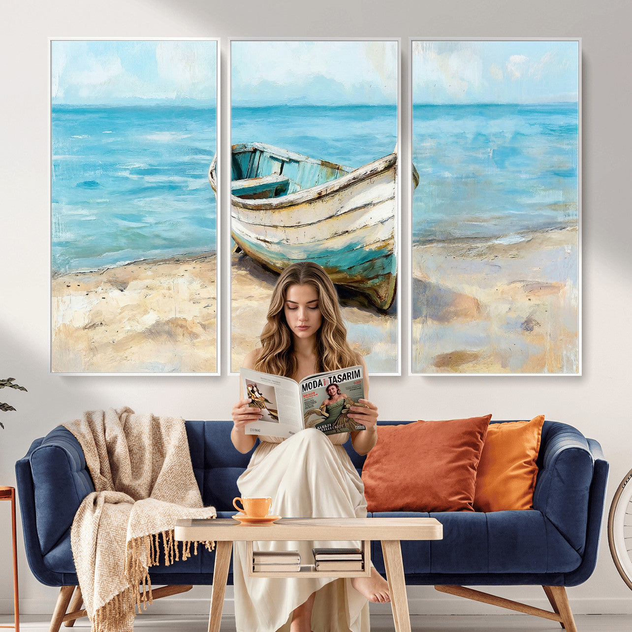 14780565-MGV-CV-36X24 - Coastal Boat Canvas Wall Art Print, Beach Boat Painting, Nautical Ocean Decor, Seascape Wall Art, Ready to Hang