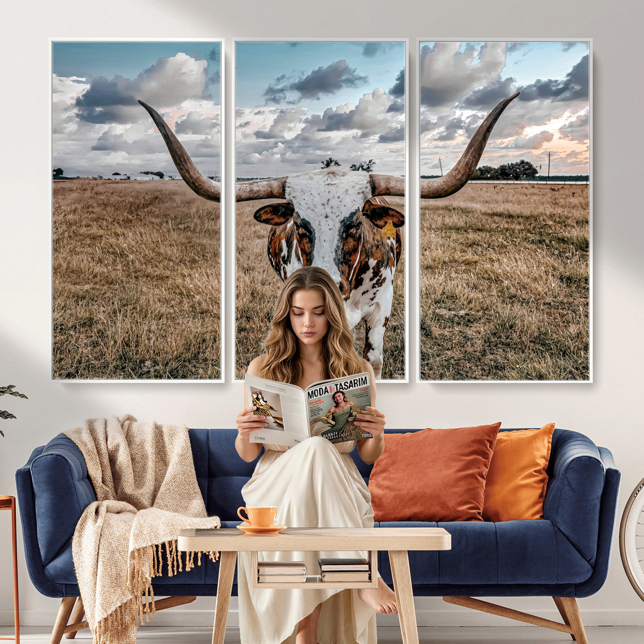 17464823-MGV-CV-36X24 - Texas Longhorn Canvas Wall Art Print, Western Cow Photography, Rustic Ranch Decor, Farmhouse Wall Art, Ready to Hang