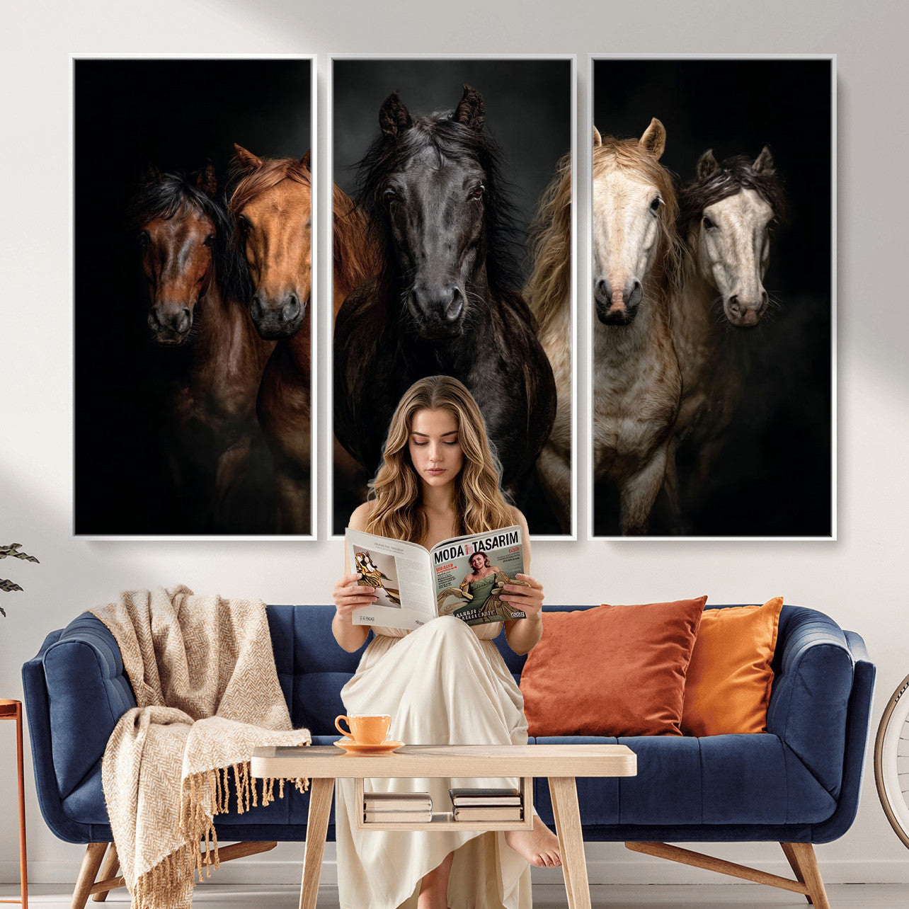 77696206-MGV-CV-36X24 - Horse Wall Art Canvas Print | Wild Horses Portrait Photography, Animal Horse Decor, Black Brown White Horse Herd