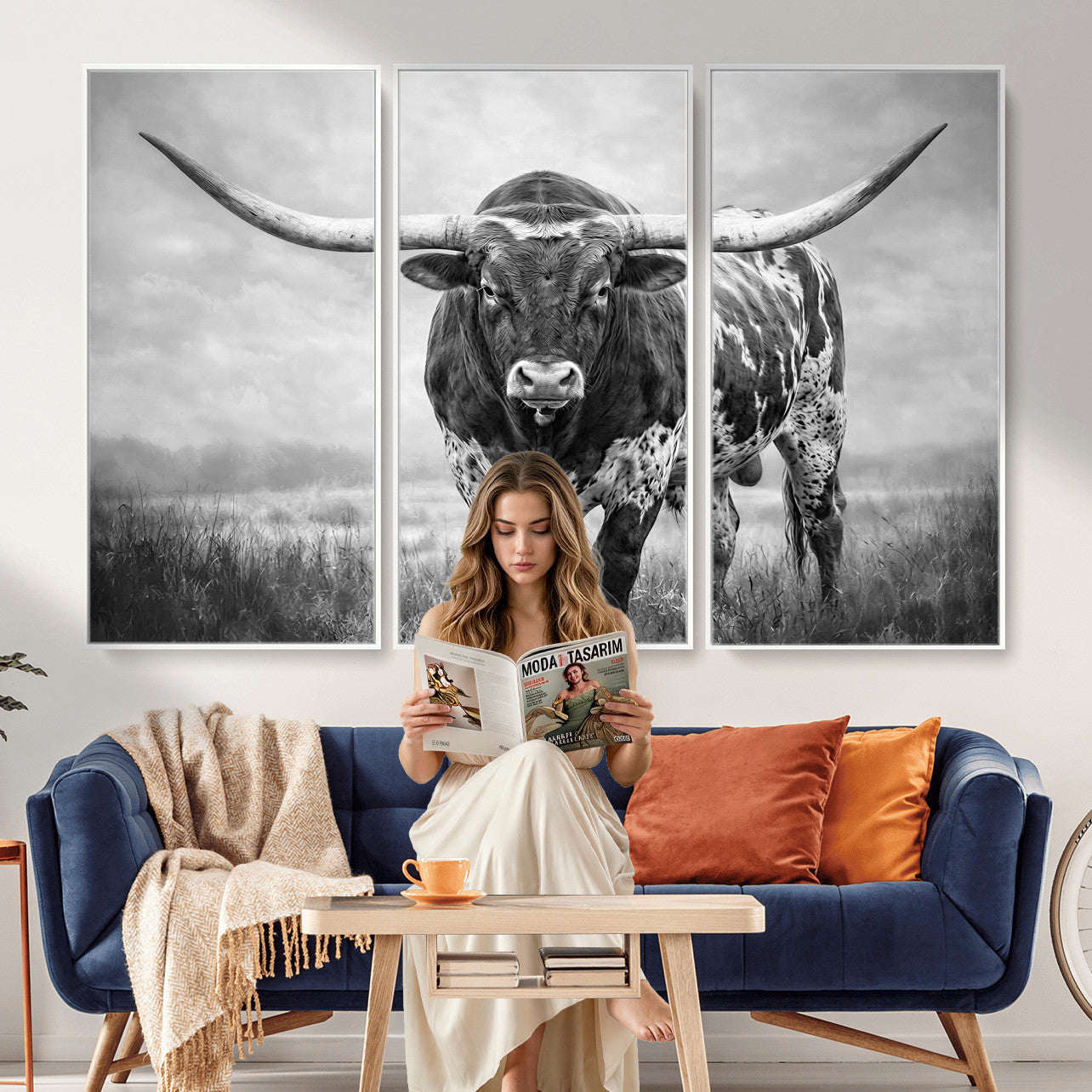 11121585-MGV-CV-36X24 - Texas Bull Wall Art Canvas Print for Farmhouse Restaurant Wall Decor