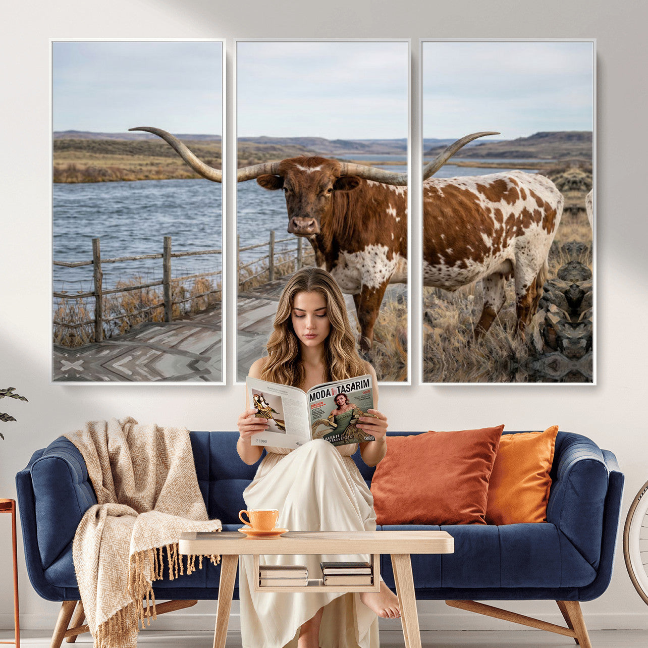 91575949-MGV-CV-36X24 - Texas Longhorn Cattle in Desert Pasture Wall Art Canvas Print - Rustic Western Decor