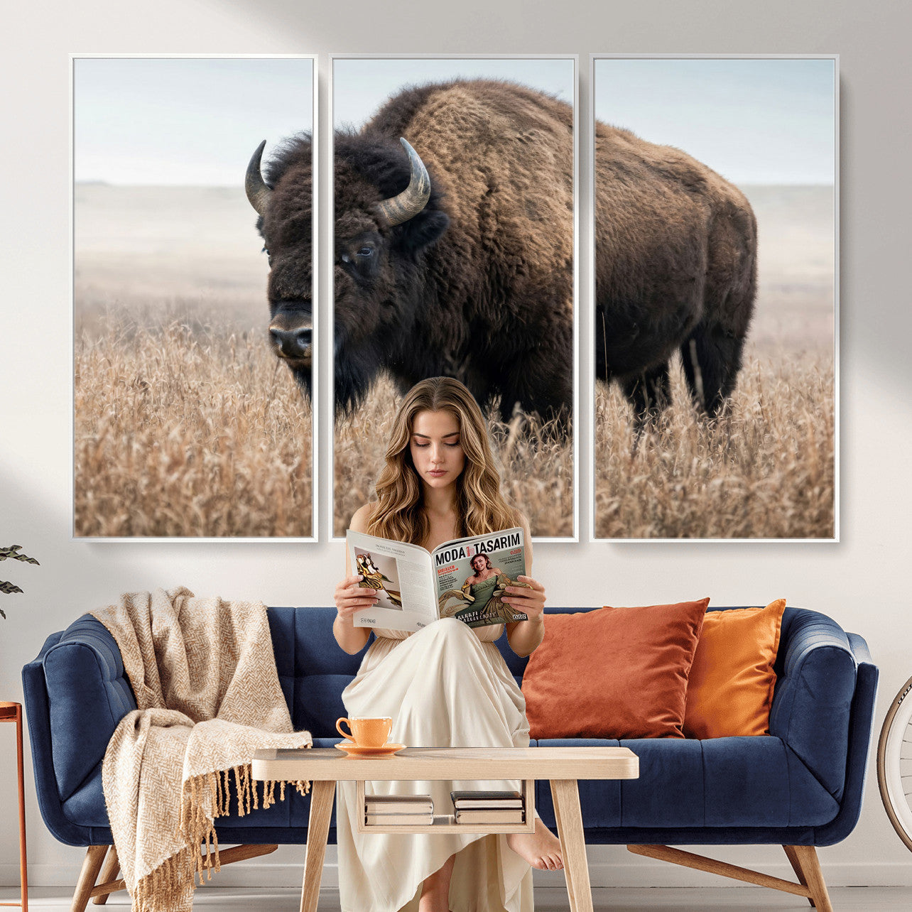 81029583-MGV-CV-36X24 - American Bison in Prairie Field Wall Art Canvas Print - Rustic Wildlife Photography