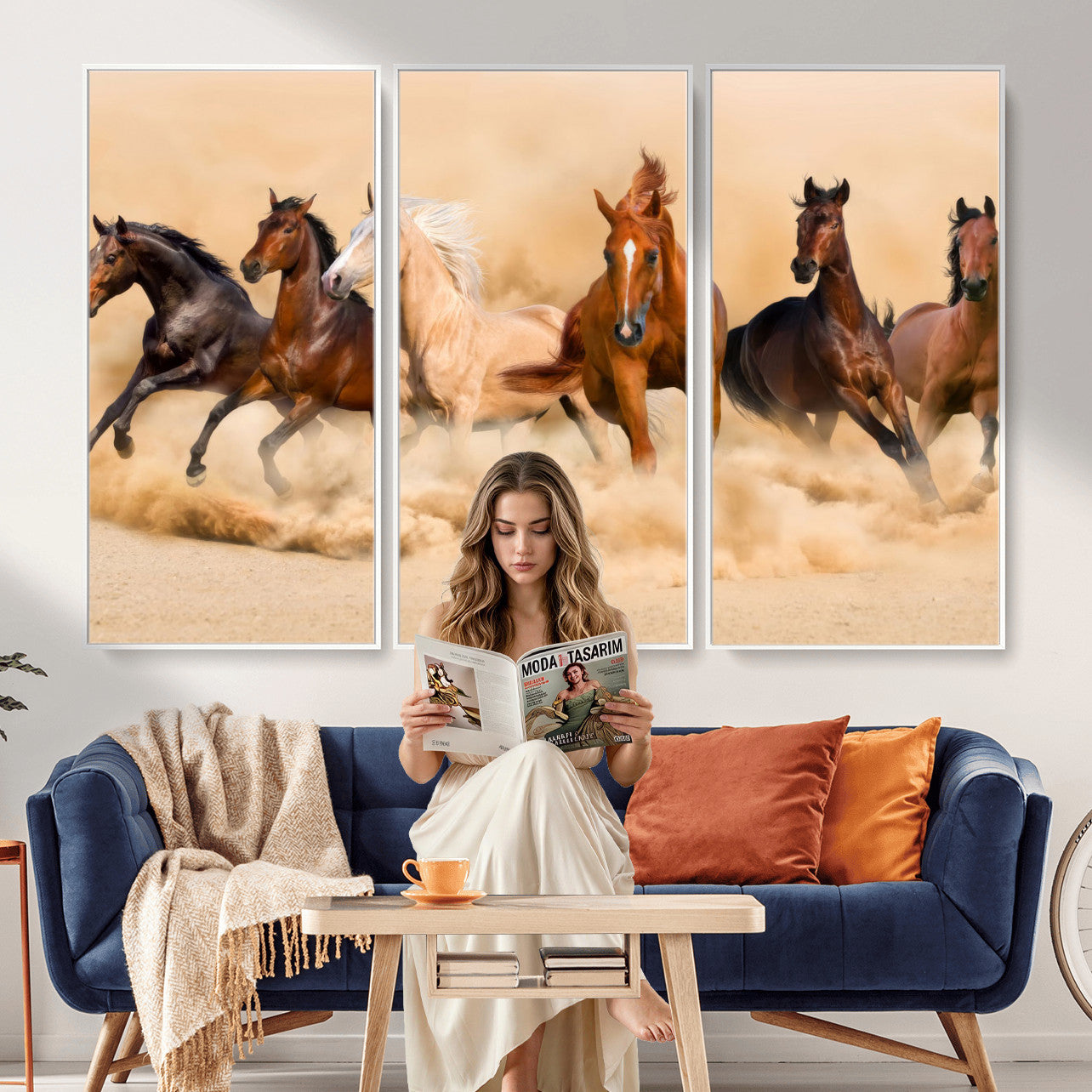 90610949-MGV-CV-36X24 - Herd of Six Wild Horses Galloping in Dust Storm Wall Art Canvas Print - Majestic Wildlife Decor
