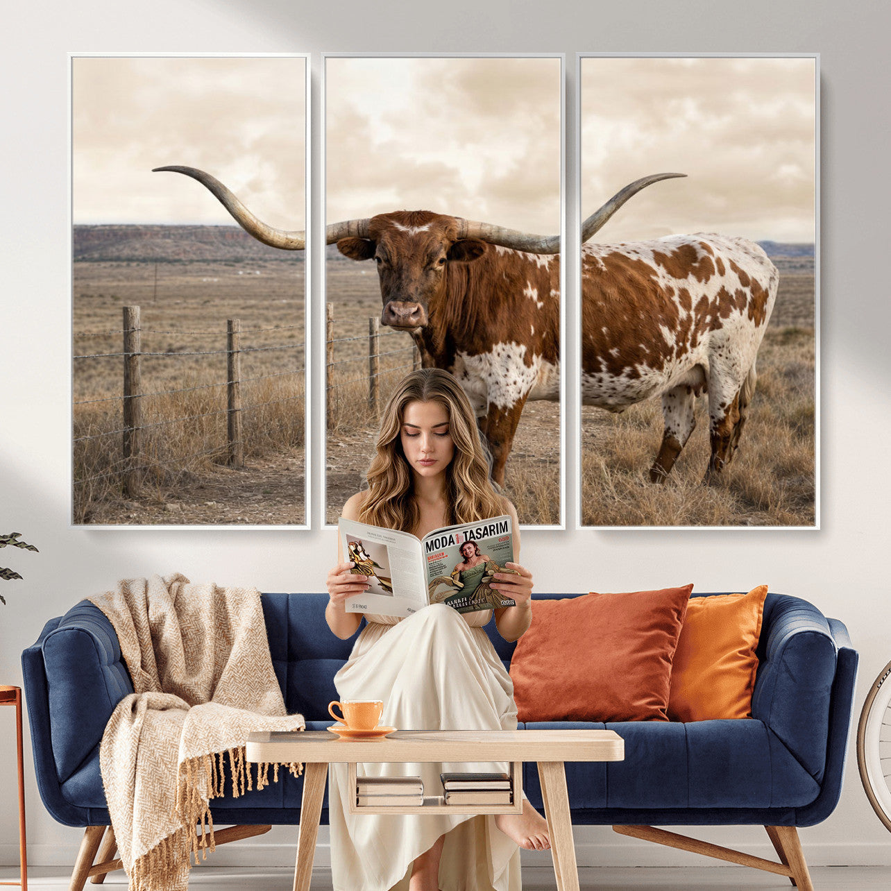 22808364-MGV-CV-36X24 - Texas Longhorn Cattle in Desert Pasture Wall Art Canvas Print - Rustic Western Decor