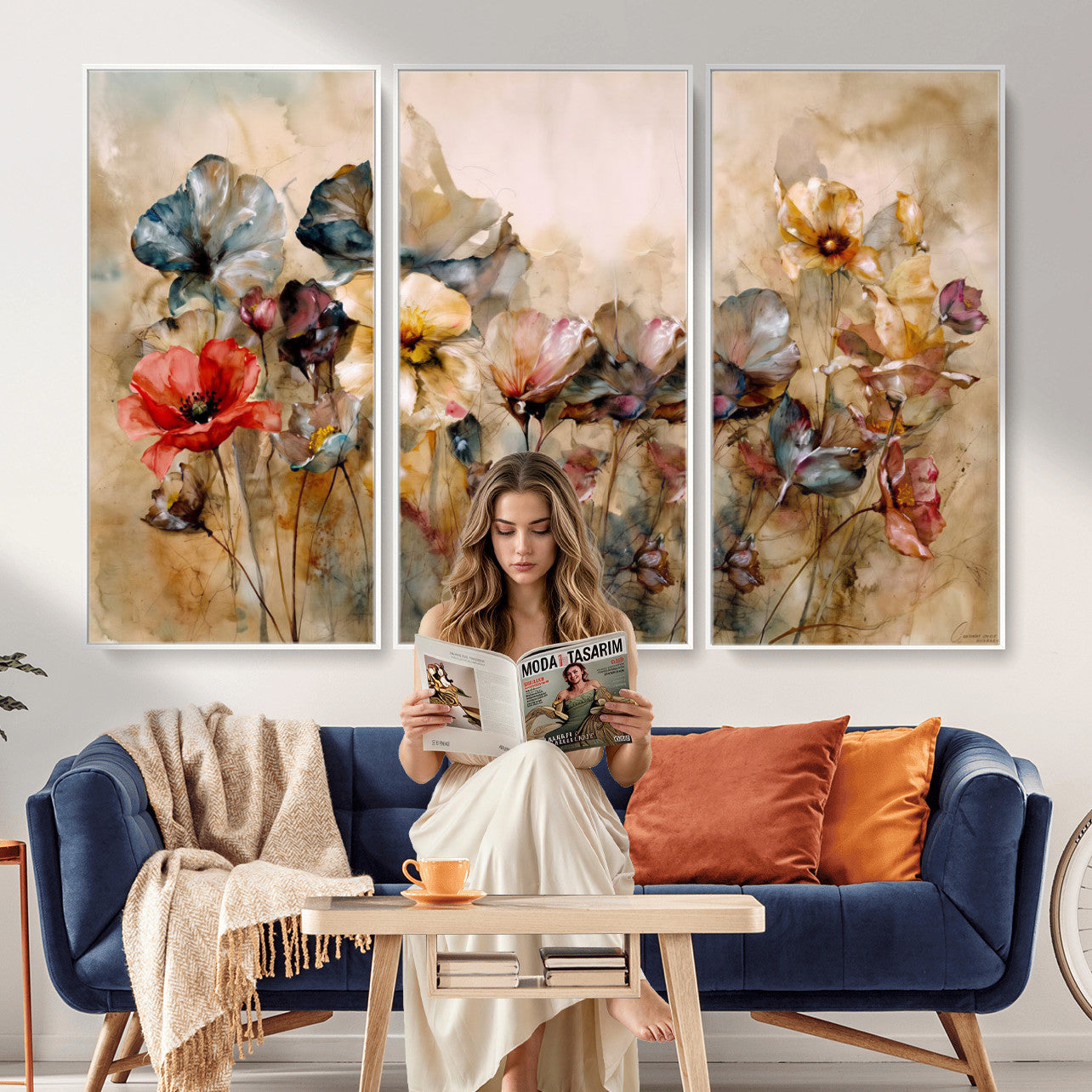 11407233-MGV-CV-36X24 - Vintage Dried Floral Meadow Wall Art Canvas Print, Translucent Watercolor Flowers Painting Print
