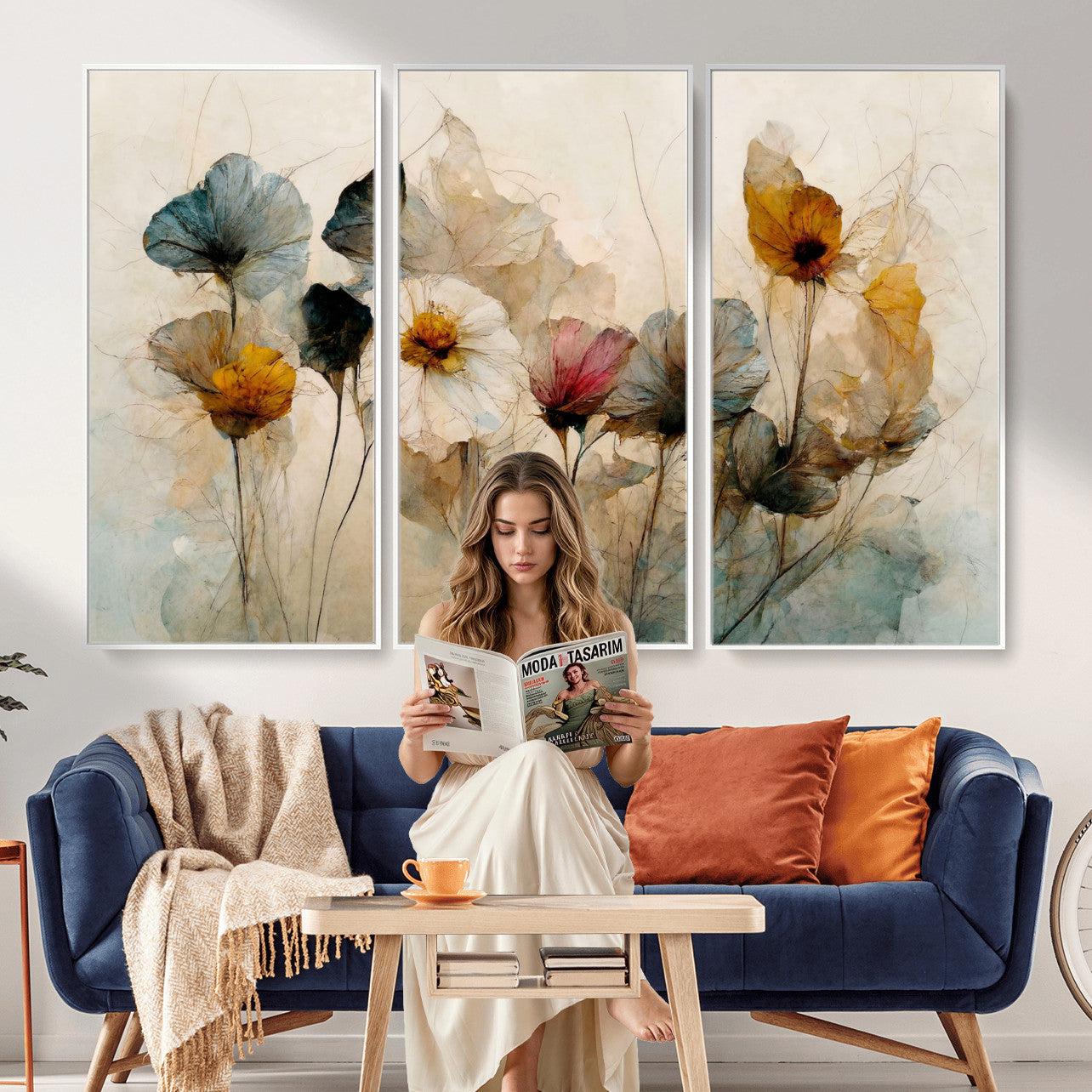 86802229-MGV-CV-36X24 - Vintage Dried Floral Meadow Wall Art Canvas Print, Translucent Watercolor Flowers Painting Print