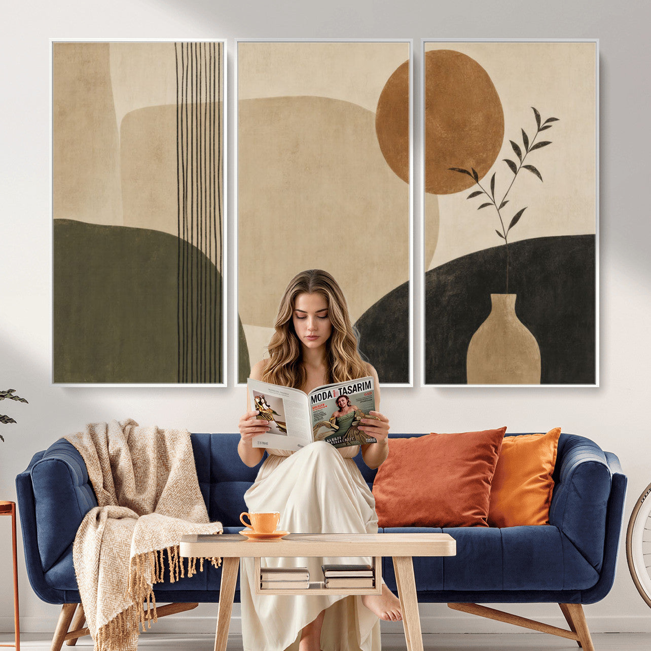 29113684-MGV-CV-36X24 - Japandi Minimalist Abstract Wall Art Canvas Print, Sage Green and Terracotta Sun Botanical Painting Print