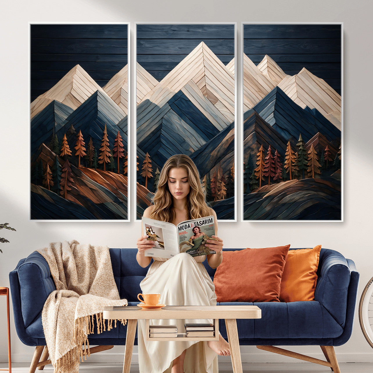 87765072-MGV-CV-36X24 - Geometric Wood Mountain Wall Art Canvas Print, 3D Look Rustic Mosaic Landscape Print