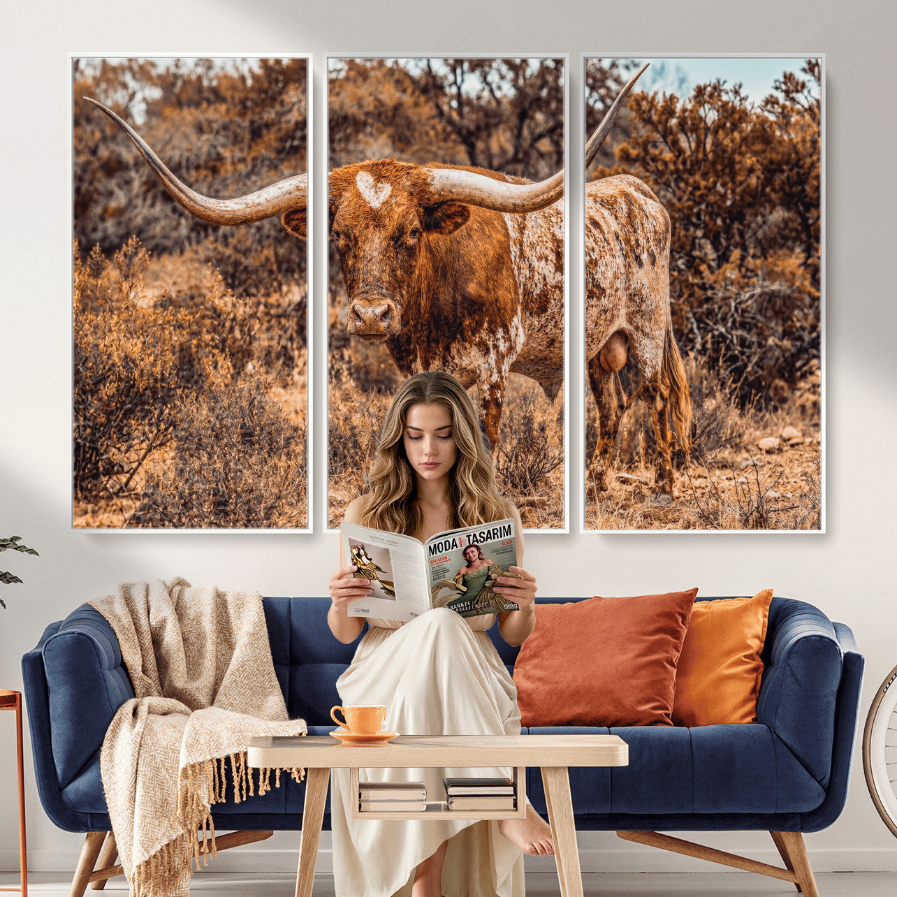 62076449-MGV-CV-36X24 - Texas Cow Bull Longhorn Print for Western Wall Art Decor for Farmhouse