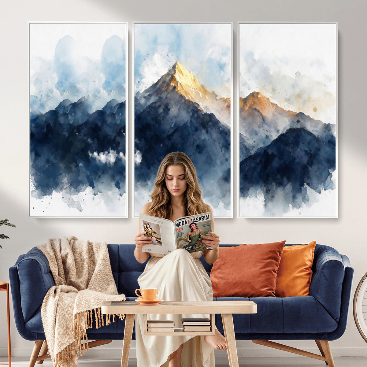 62076449DG1-MGV-CV-36X24 - Abstract Watercolor Mountain Lake Wall Art Print for Living Room Decor