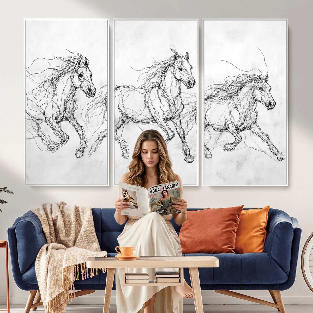 53600119-MGV-CV-36X24 - Monochrome Horse Canvas Wall Art, Black Ink Sketch Wild Horses Print, Minimalist Equestrian Artwork, Modern Abstract Line Decor, Urban Loft Gift