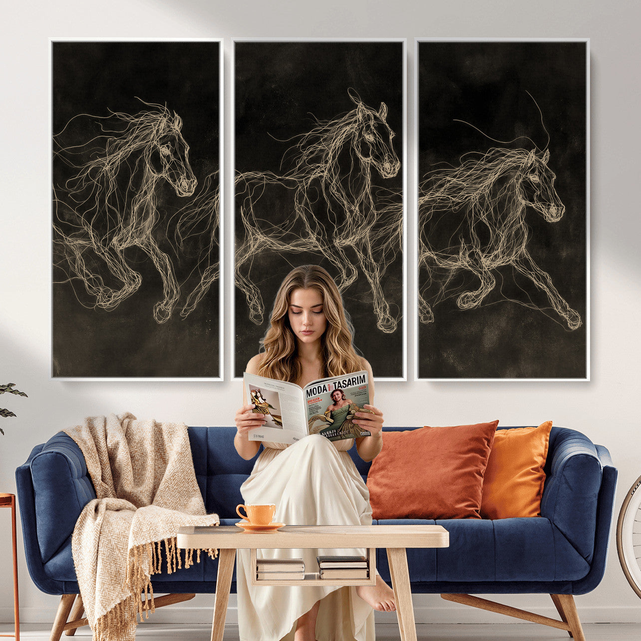 15344242-MGV-CV-36X24 - Dark Horse Line Art Canvas, Gold Scribble Wild Horses Print, Black Chalkboard Wall Art, Modern Luxury Equine Decor, Masculine Office Gift