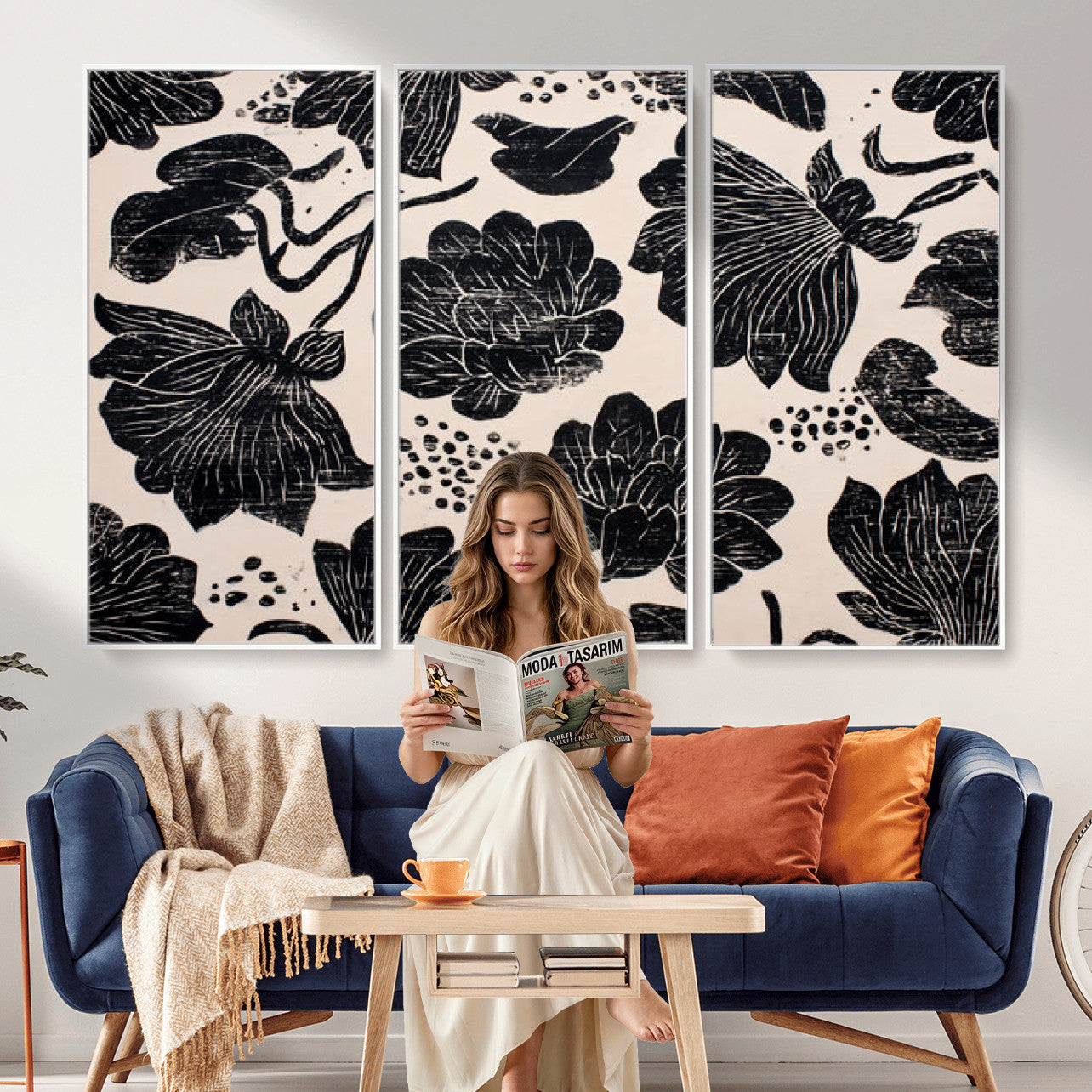 81787117-MGV-CV-36X24 - Linocut Black Lotus Floral Wall Art Canvas Print, Vintage Monochrome Botanical Painting Print