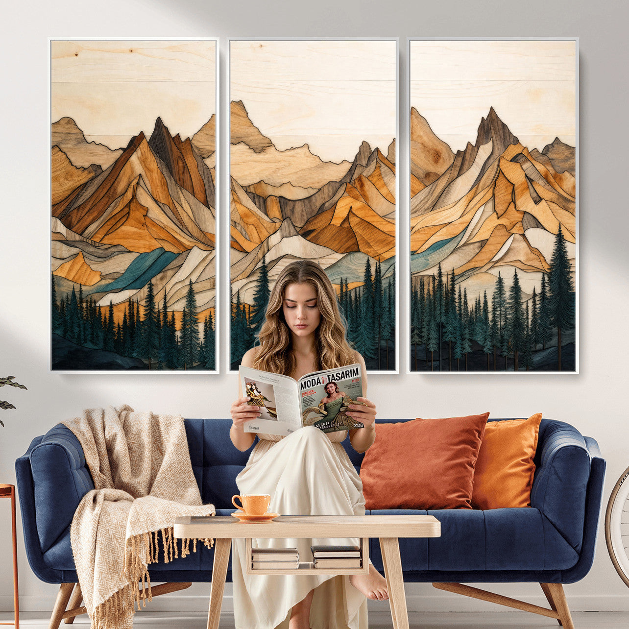 57384313-MGV-CV-48X32-3P - Mountain Landscape Canvas Wall Art with Wood Grain Effect, Golden Peaks and Teal Pine Forest, Framed Cabin Decor
