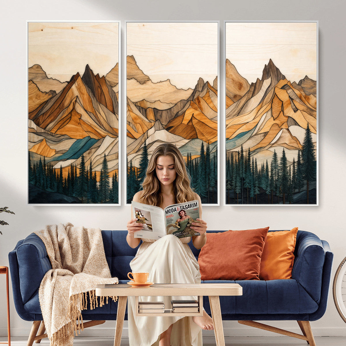 57384313-MGV-CV-48X32-3P - Mountain Landscape Canvas Wall Art with Wood Grain Effect, Golden Peaks and Teal Pine Forest, Framed Cabin Decor