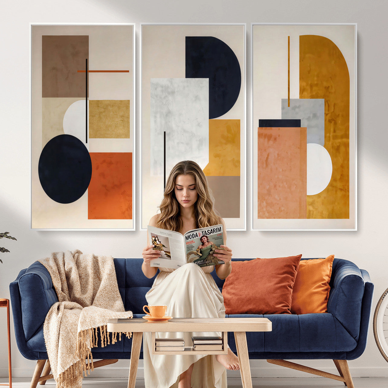 87361249-MGV-CV-48X32-3P - Mid Century Modern Geometric Canvas Wall Art, Abstract Triptych Print