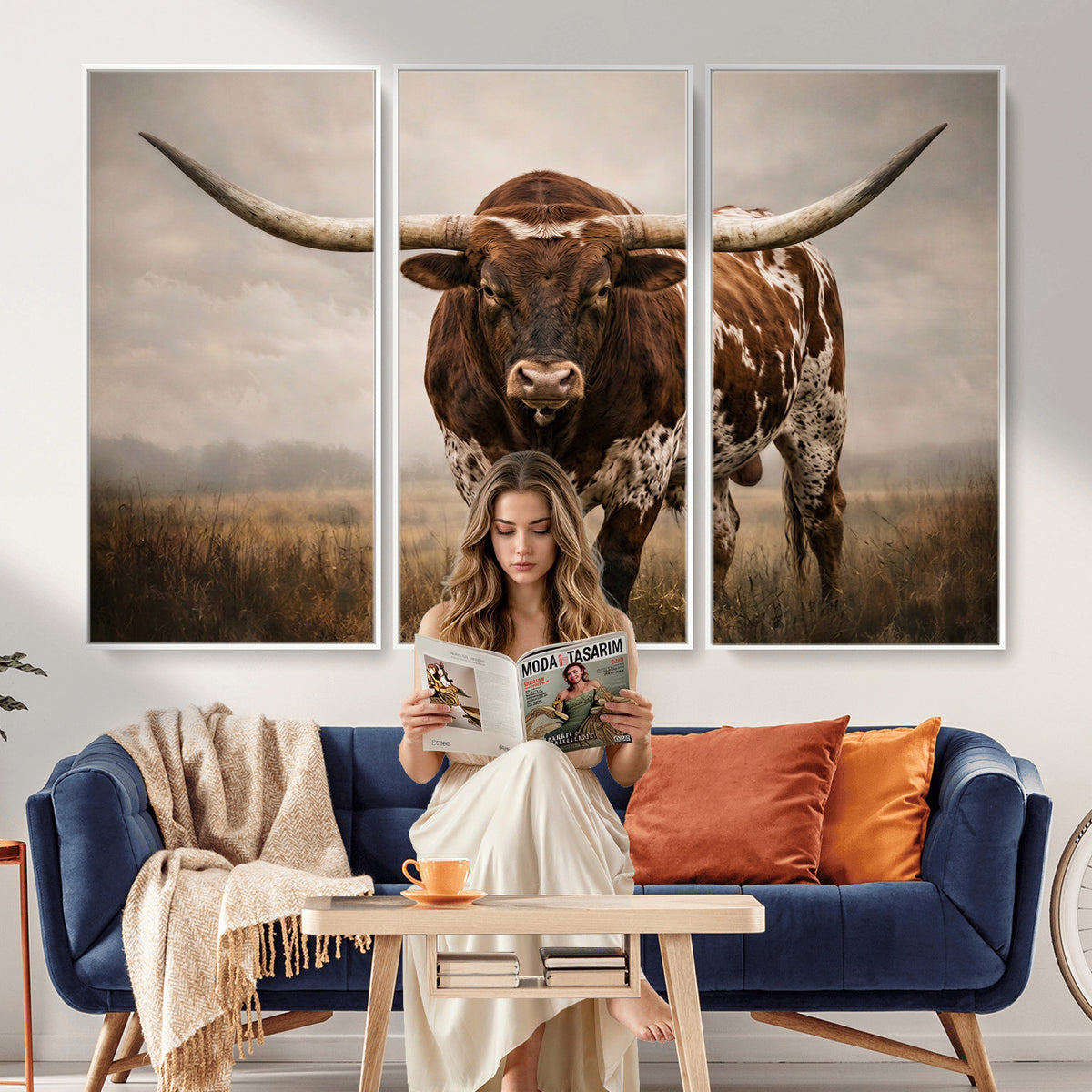 25239047A-MGV-CV-36X24 - Texas Longhorn Canvas Wall Art Western Bull Desert Moody Grey Overcast Rustic Farmhouse Framed Large for Living Room Bedroom Office Decor