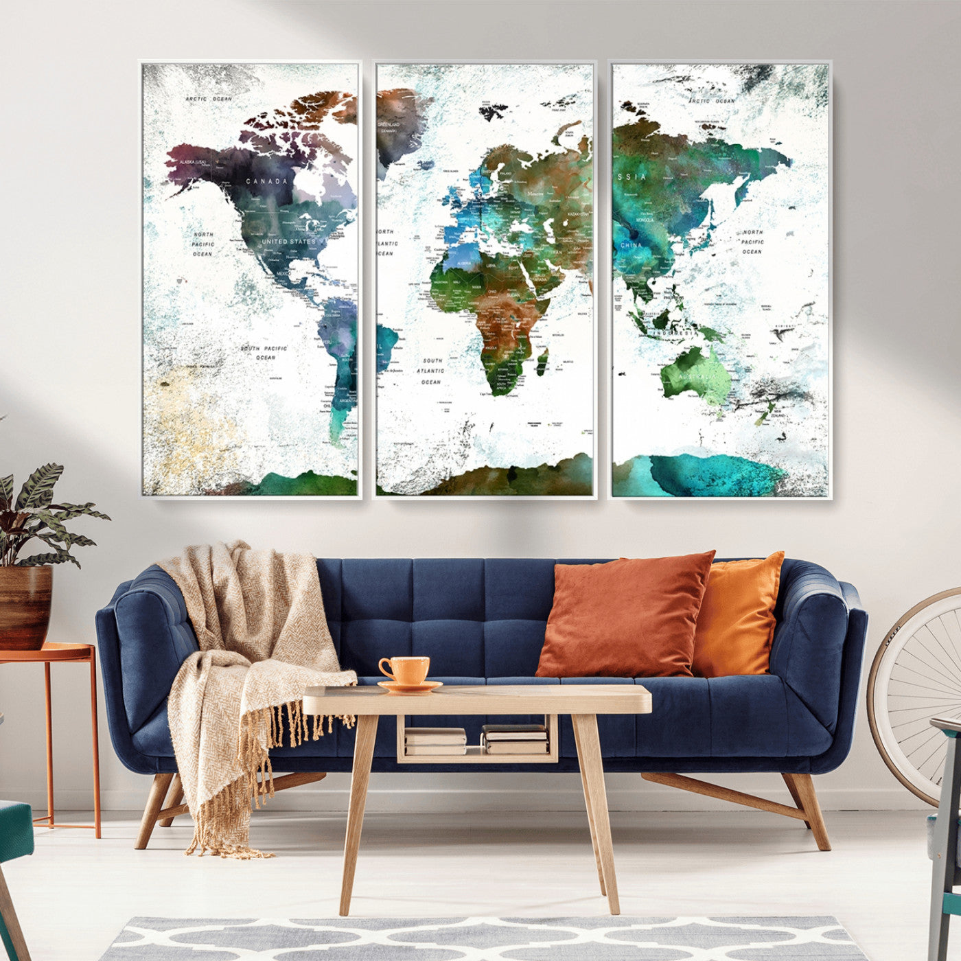 -Modern Watercolor World Map Canvas Wall Art – Framed Abstract Map Print, Contemporary Travel Artwork for Elegant Home and Office Decor