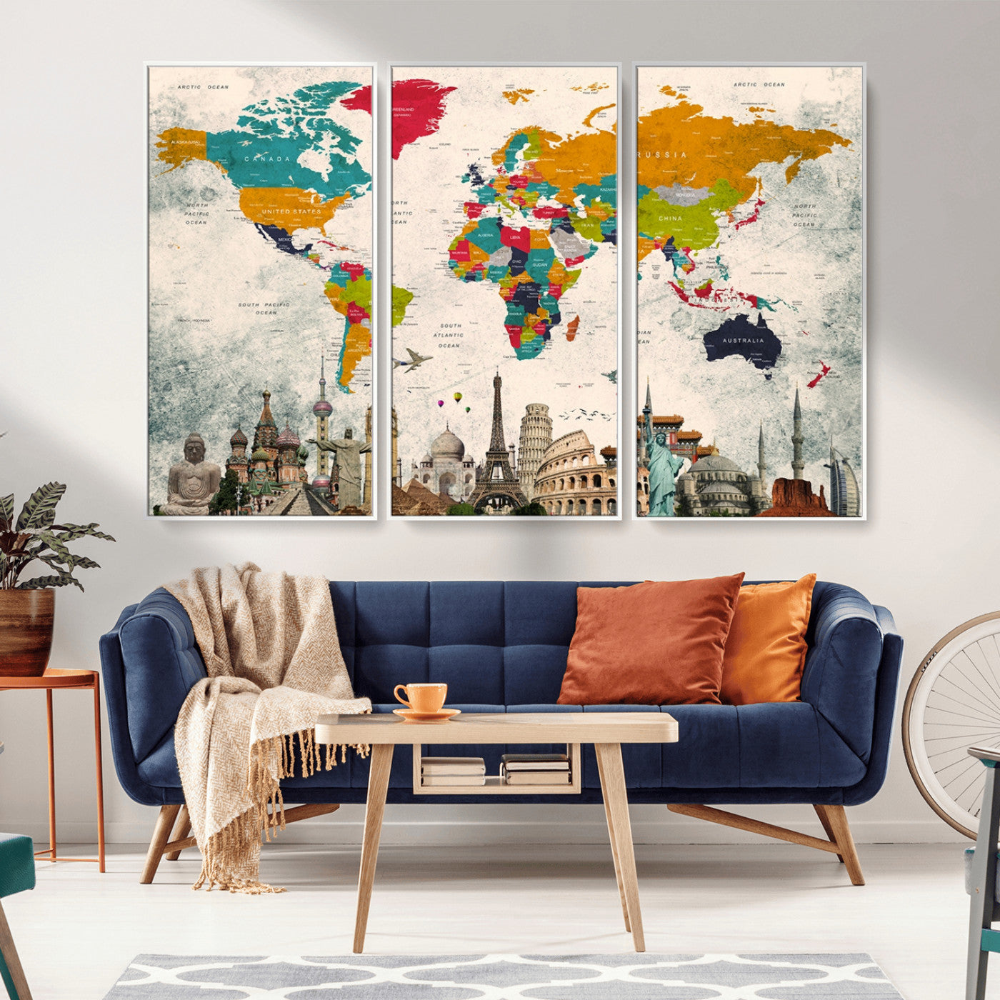 -Colorful World Map Canvas Wall Art with Landmarks – Framed Travel Map Print for Home and Office Decor, Perfect Gift for Travel Lovers