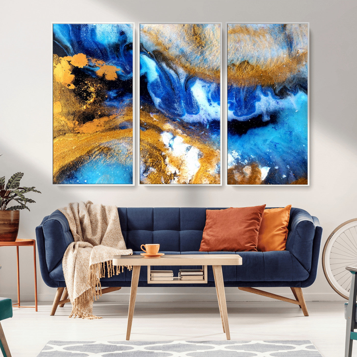 42100-MGV-CV-36X24-Blue Orange Marble Fluid Effect Canvas Wall Art Print