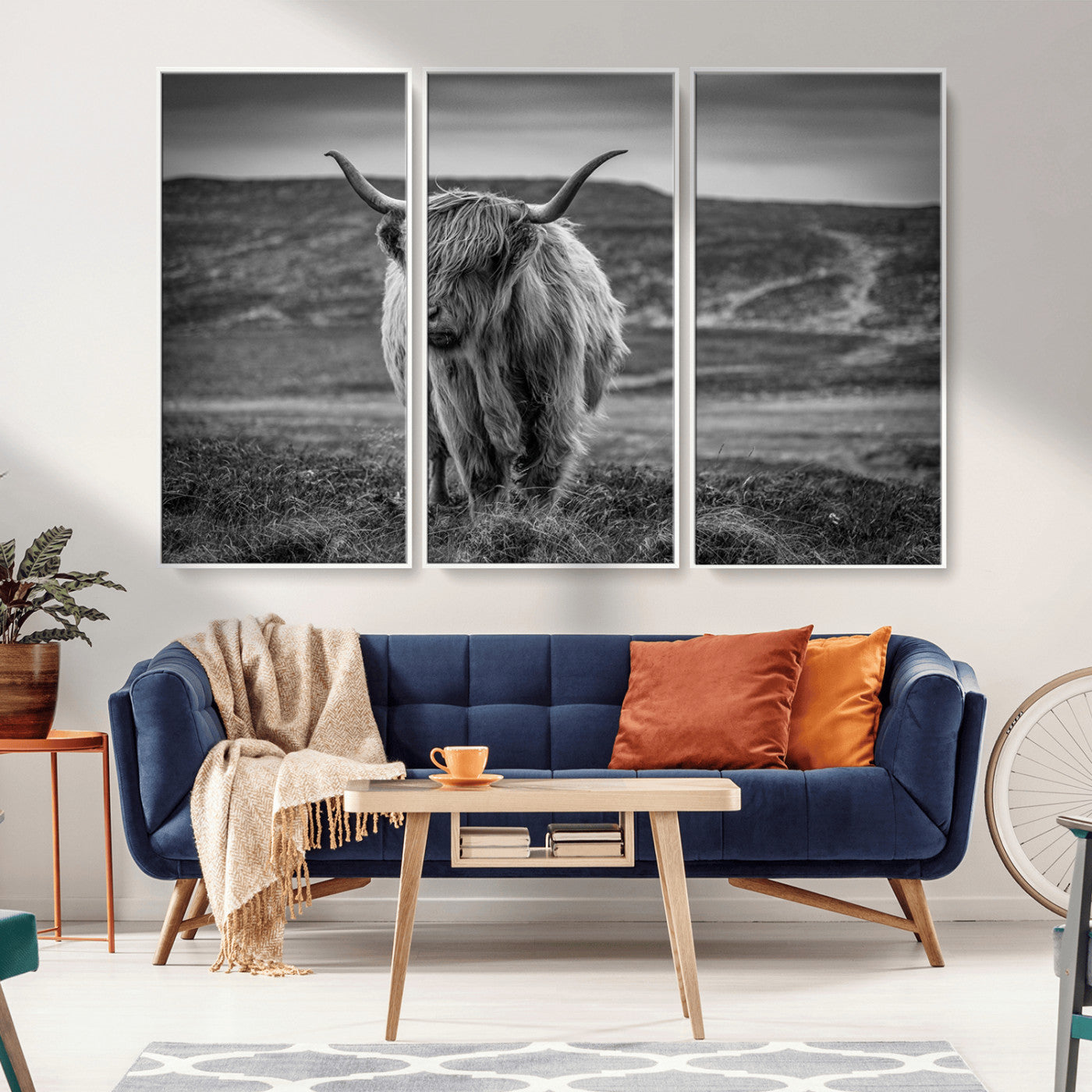 -Fluffy Cattle Wall Art Print, Highland Cow Canvas, Framed Black and white Wall Art