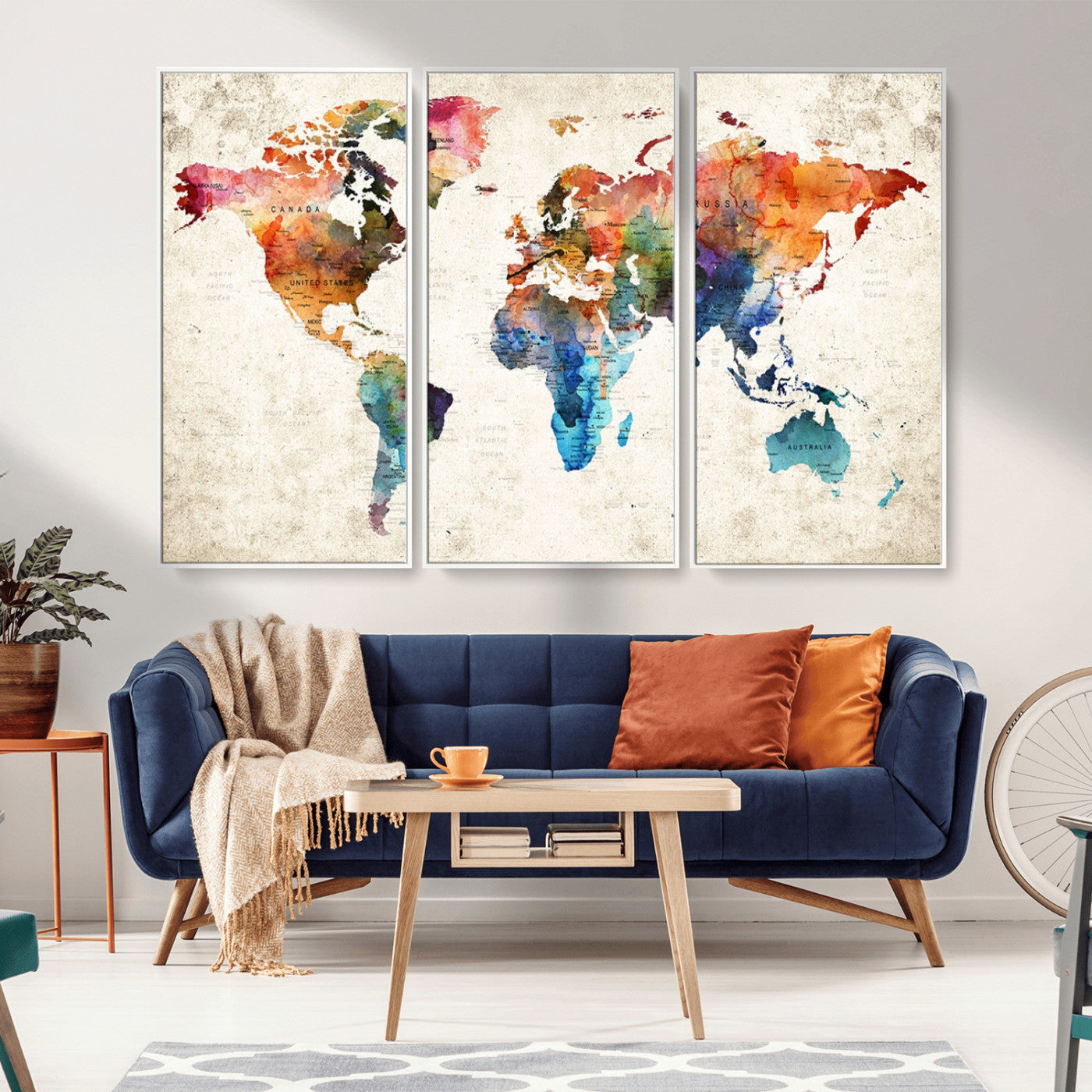 -Colorful Watercolor World Map Canvas Wall Art – Framed Push Pin Travel Map for Home and Office Decor, Artistic Modern Wall Artwork
