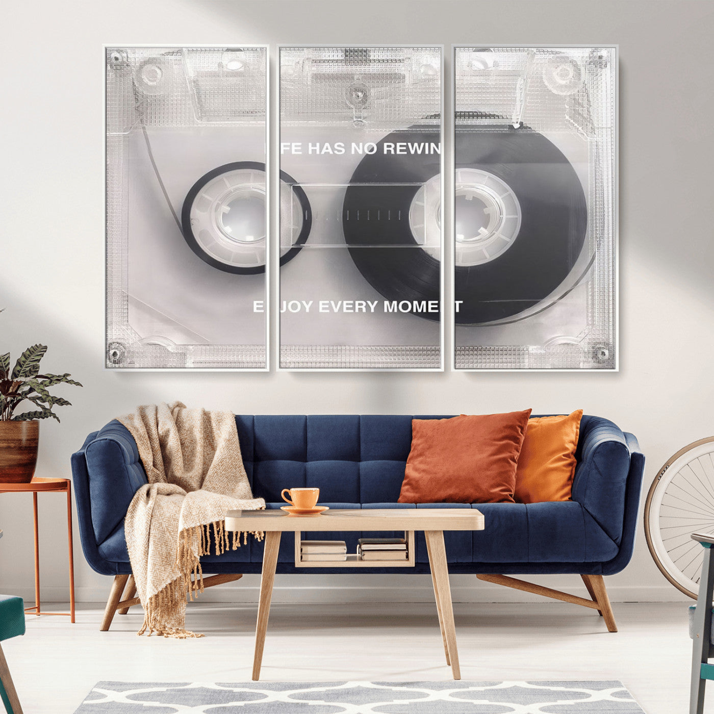 -Vintage Cassette Tape Canvas Wall Art - Inspirational 'Life Has No Rewind' Quote, Retro Music Decor