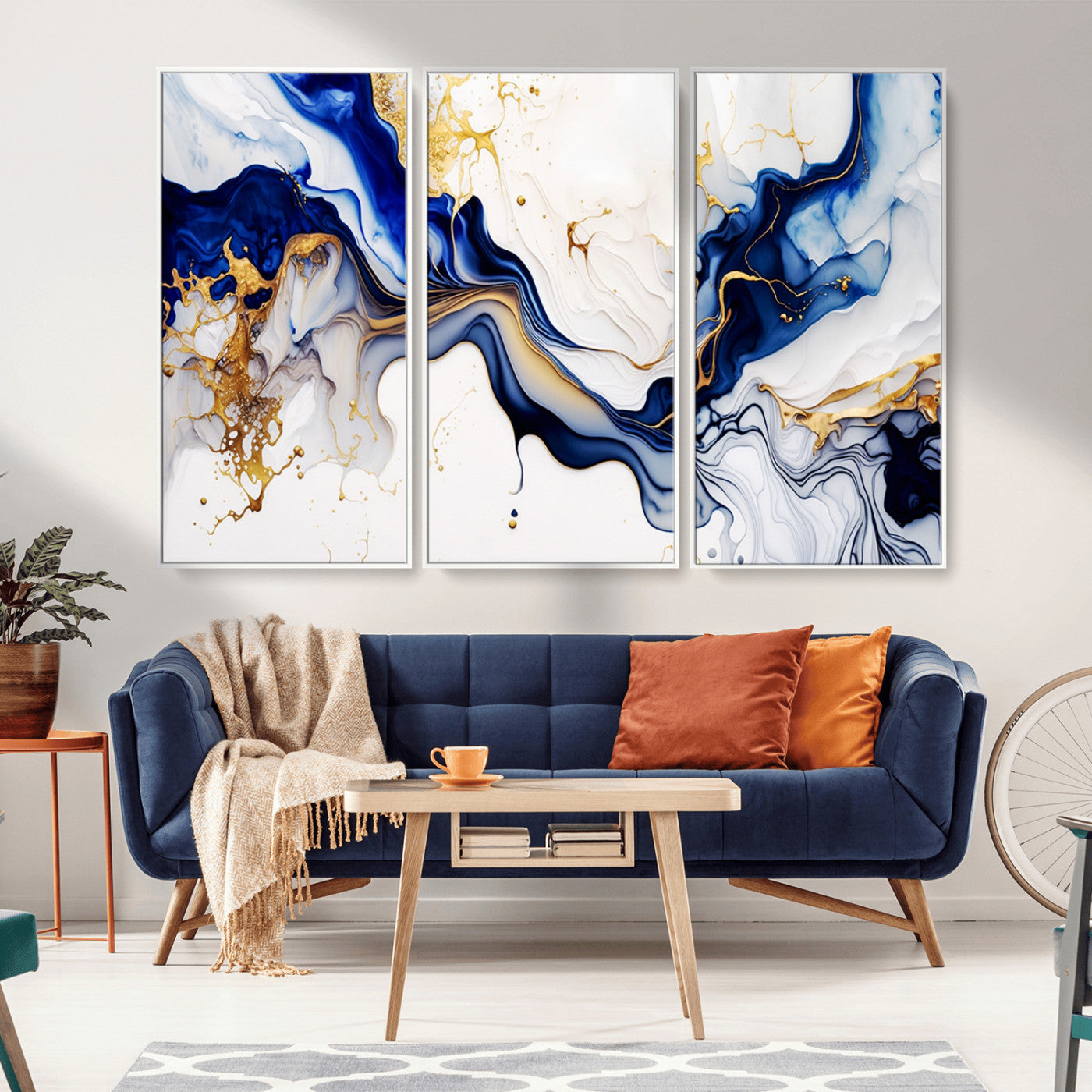 93392-MGV-CV-36X24-Golden Cascades on Midnight Blue – Deep Blue Abstract Wall Art Flowing Elegance | Wall Art Canvas,