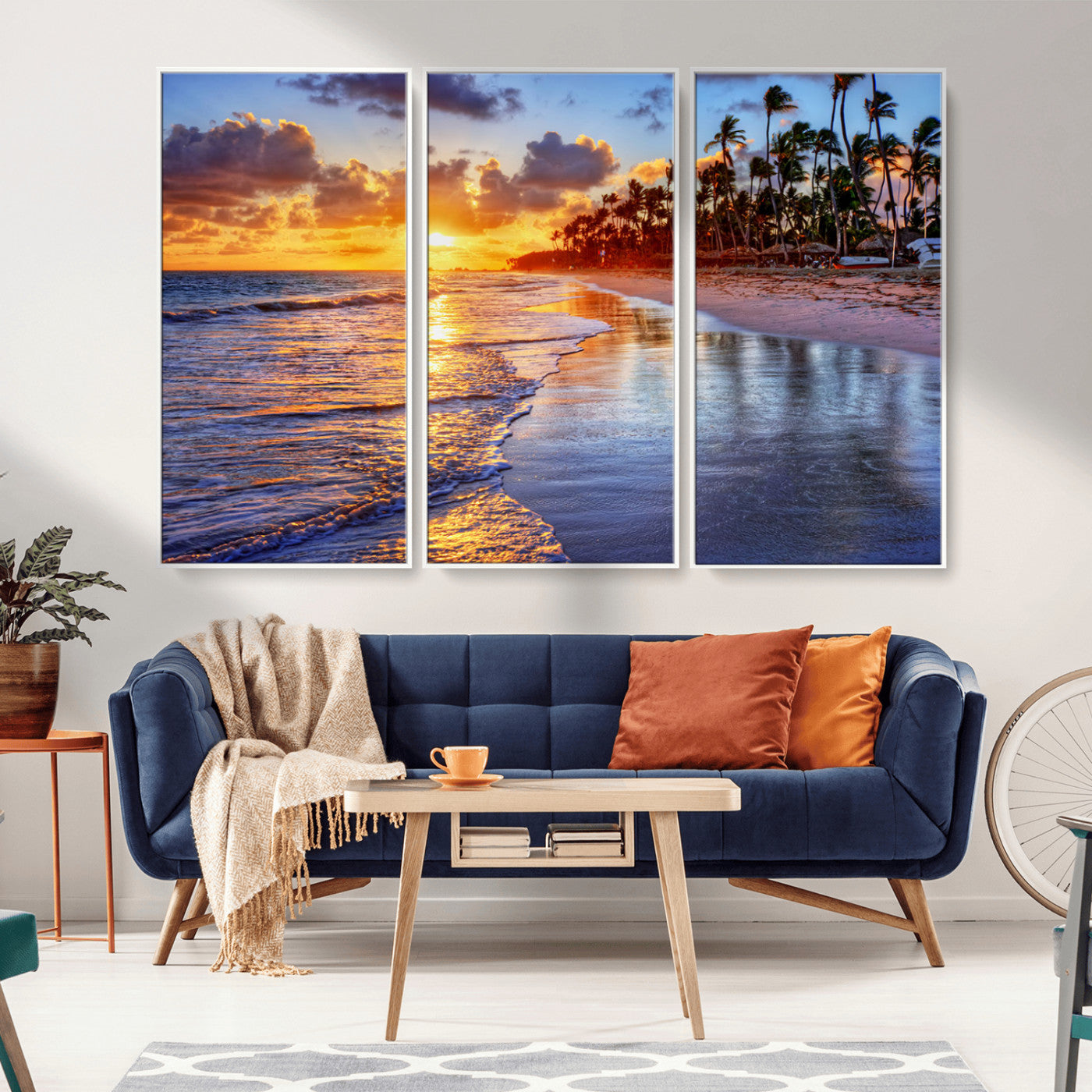 32177-MGV-FC-48X32-3P_White-Serene Beach Sunset Wall Art Canvas- Coastal Seascape Print for Living Room or Bedroom, Ocean Waves