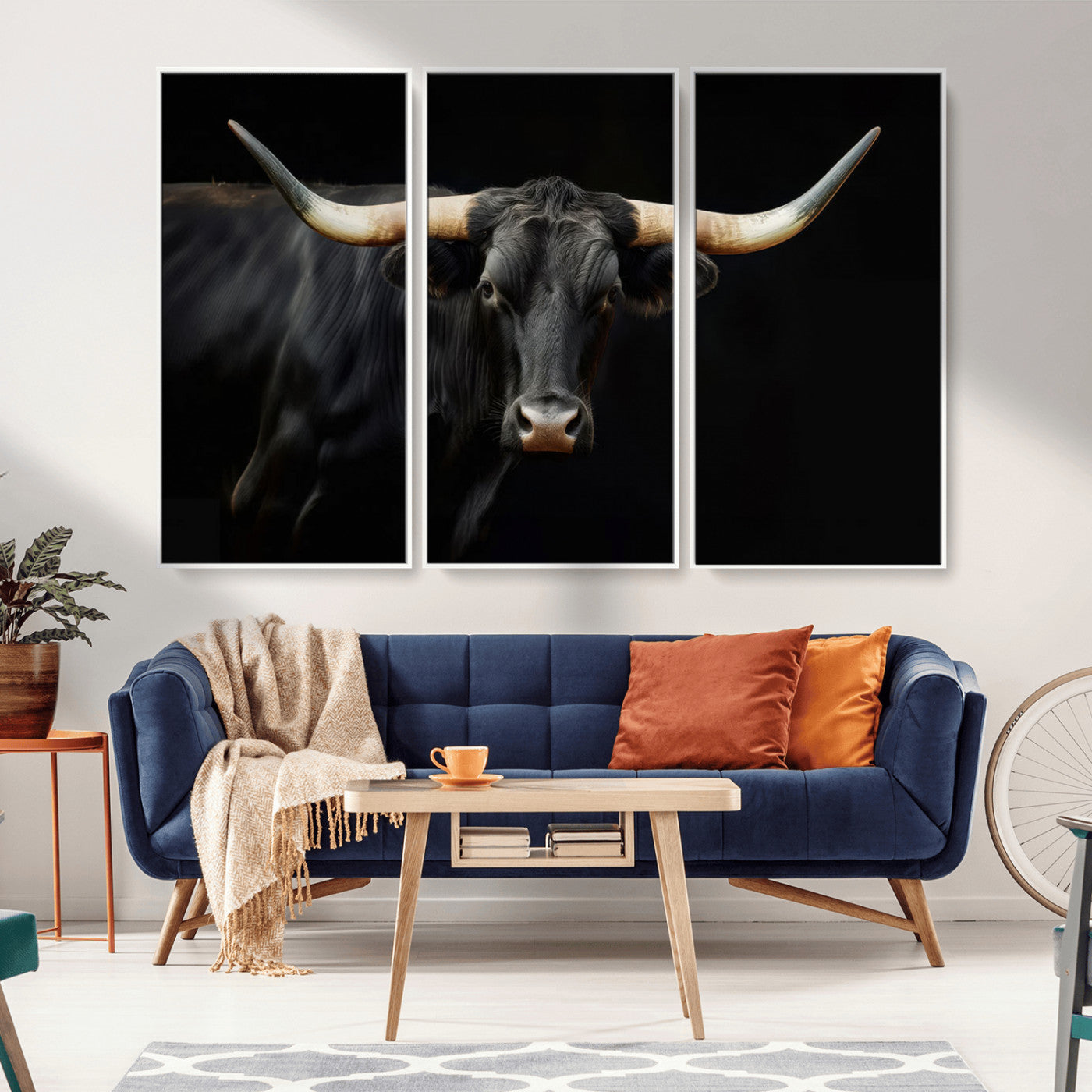 -Black Bull Wall Art – Majestic Longhorn Canvas Print with Dark Background, Rustic Western Farmhouse Decor for Living Room or Office