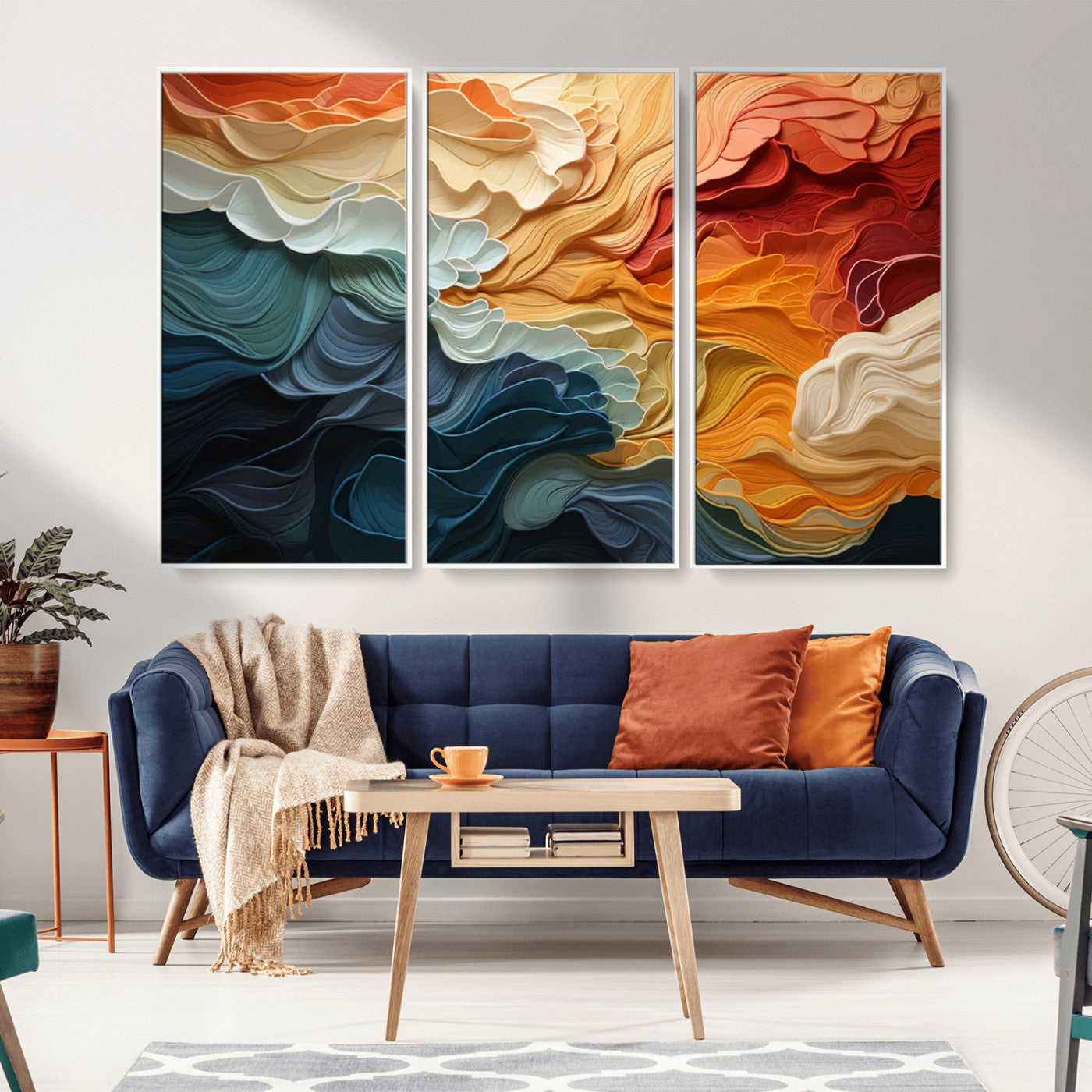 31634-MGV-FC-48X32-3P_White-Blue Orange Abstract Wave Wall Art Canvas Print, Framed Blue Orange Wave Wall Art